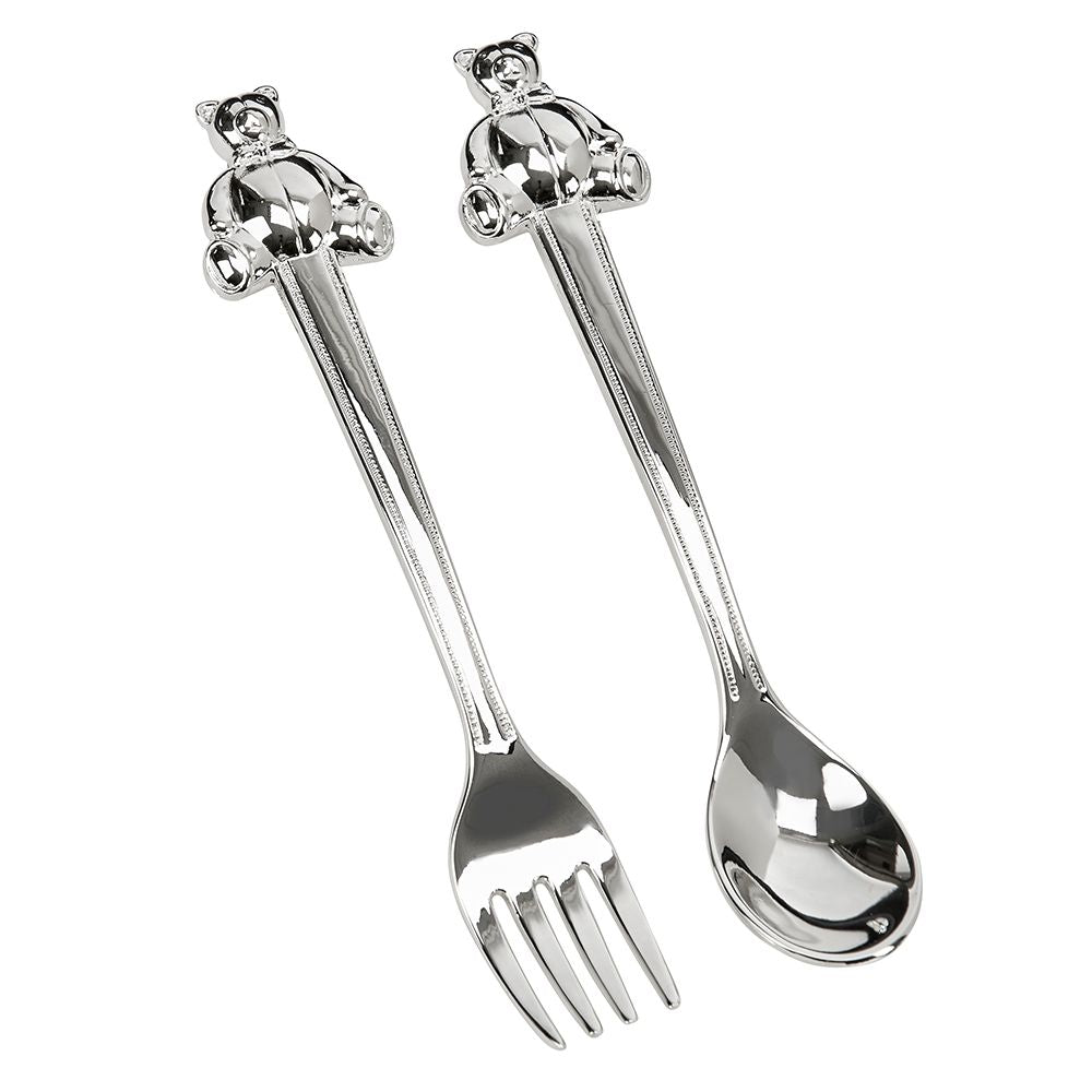 Teddy Bear Handle Baby Spoon and Fork Set in a gift box, featuring cute bear designs and non-tarnish nickel plating.