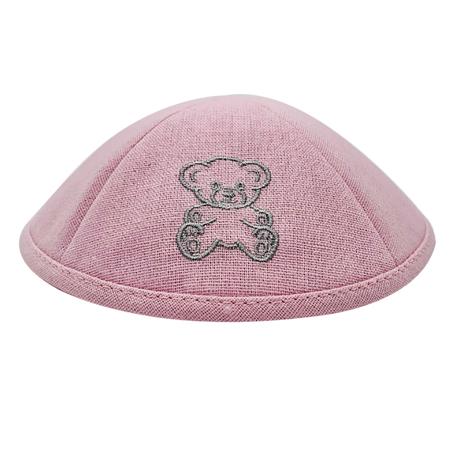 A cute teddy bear linen kippah with a hair clip, designed for children, featuring a soft and comfortable fabric.