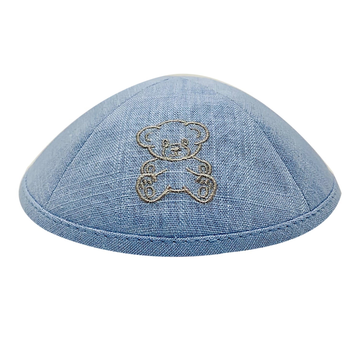 A cute teddy bear linen kippah with a hair clip, designed for children, featuring a soft and comfortable fabric.