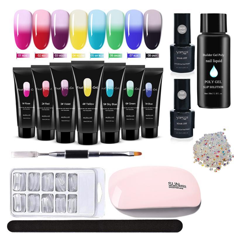 Temperature Change Extension Nail Polish Set featuring 8 vibrant colors, manicure tools, and a curing lamp for home nail art.