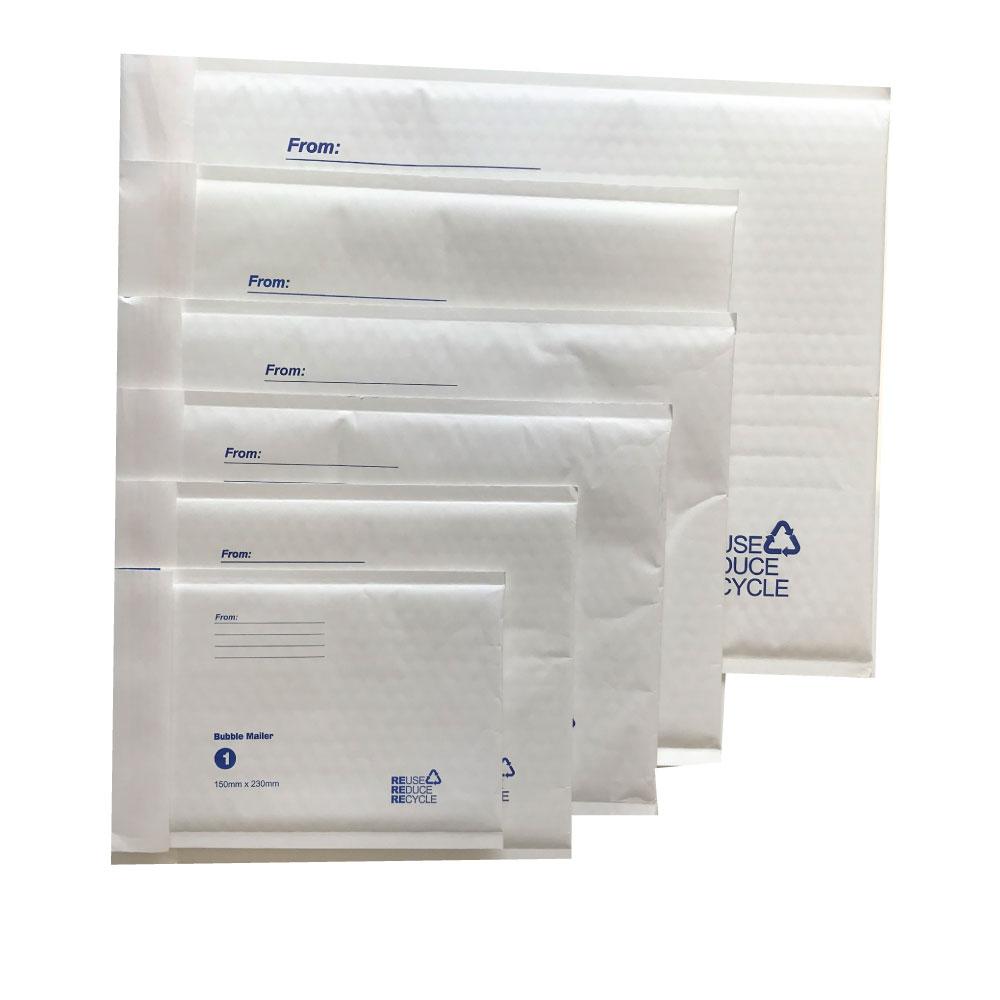 Tempest Bubble Mailers in various sizes, made from eco-friendly white kraft paper, featuring a bubble lining for protection.