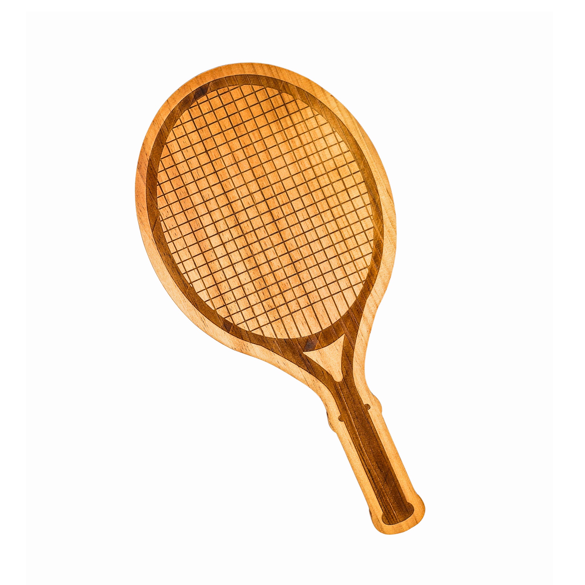 A beautifully crafted Tennis Racket Wood Board made of high-quality bamboo, measuring 9 inches by 18 inches, perfect for serving snacks at sports-themed events.