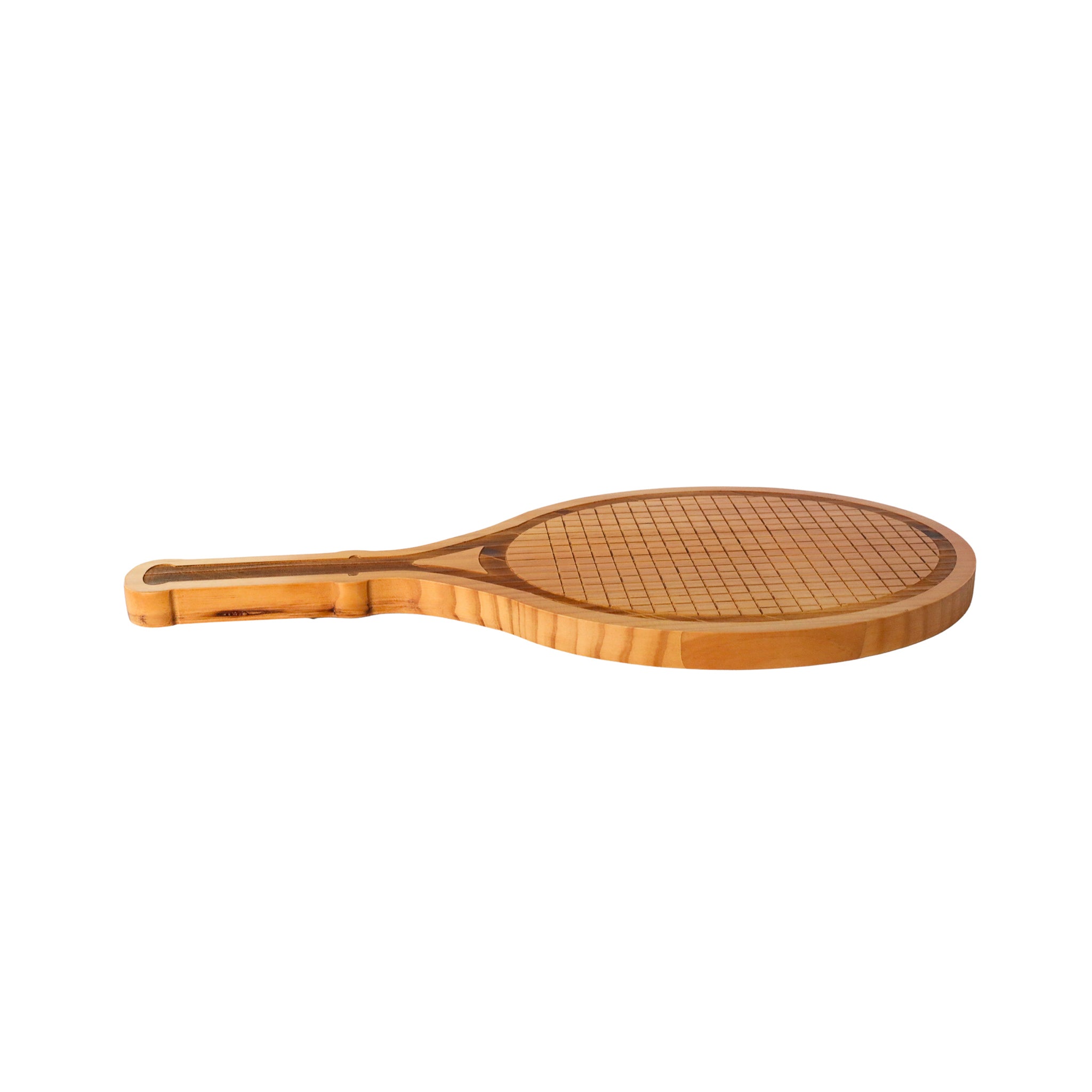 A beautifully crafted Tennis Racket Wood Board made of high-quality bamboo, measuring 9 inches by 18 inches, perfect for serving snacks at sports-themed events.