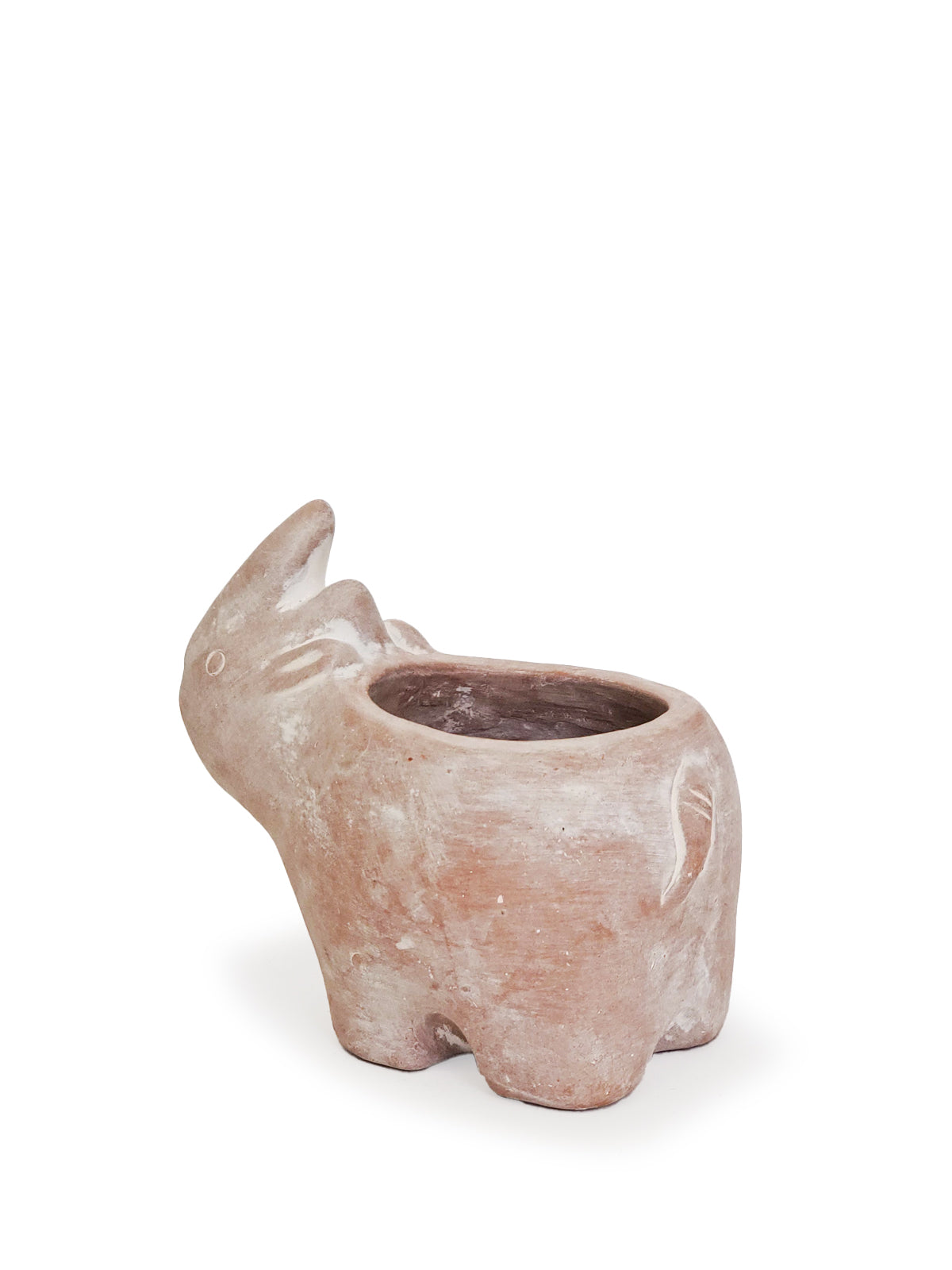 A whimsical terracotta pot shaped like a rhino, showcasing its natural clay finish and playful design, perfect for plants or as a decorative piece.