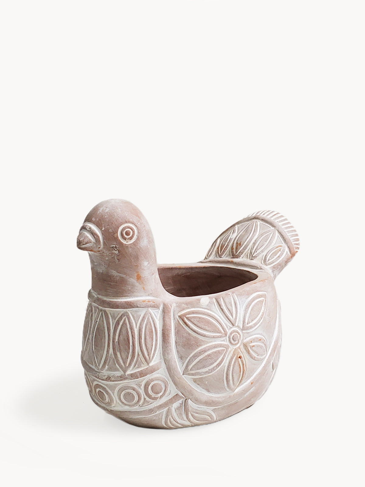 Terracotta pot shaped like a spotted dove, perfect for planting flowers or greenery, showcasing unique craftsmanship.