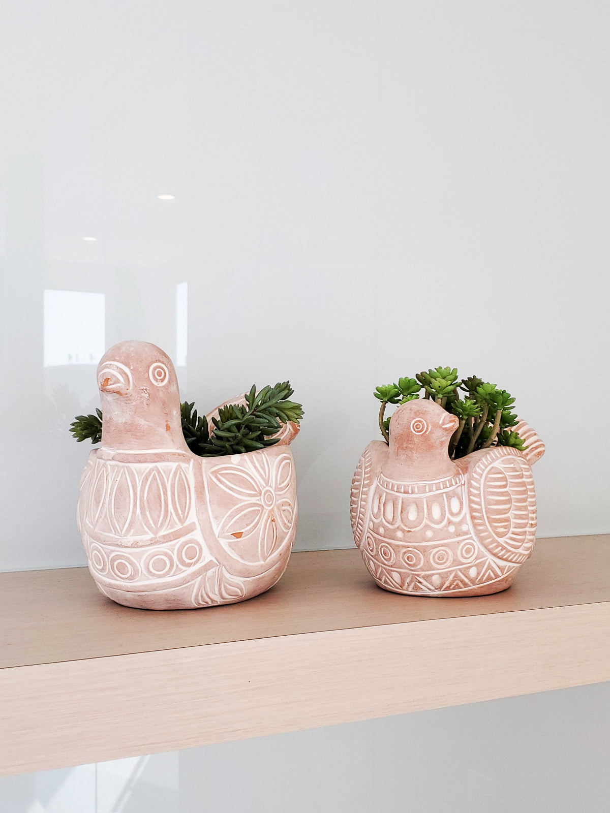 Terracotta pot shaped like a spotted dove, perfect for planting flowers or greenery, showcasing unique craftsmanship.