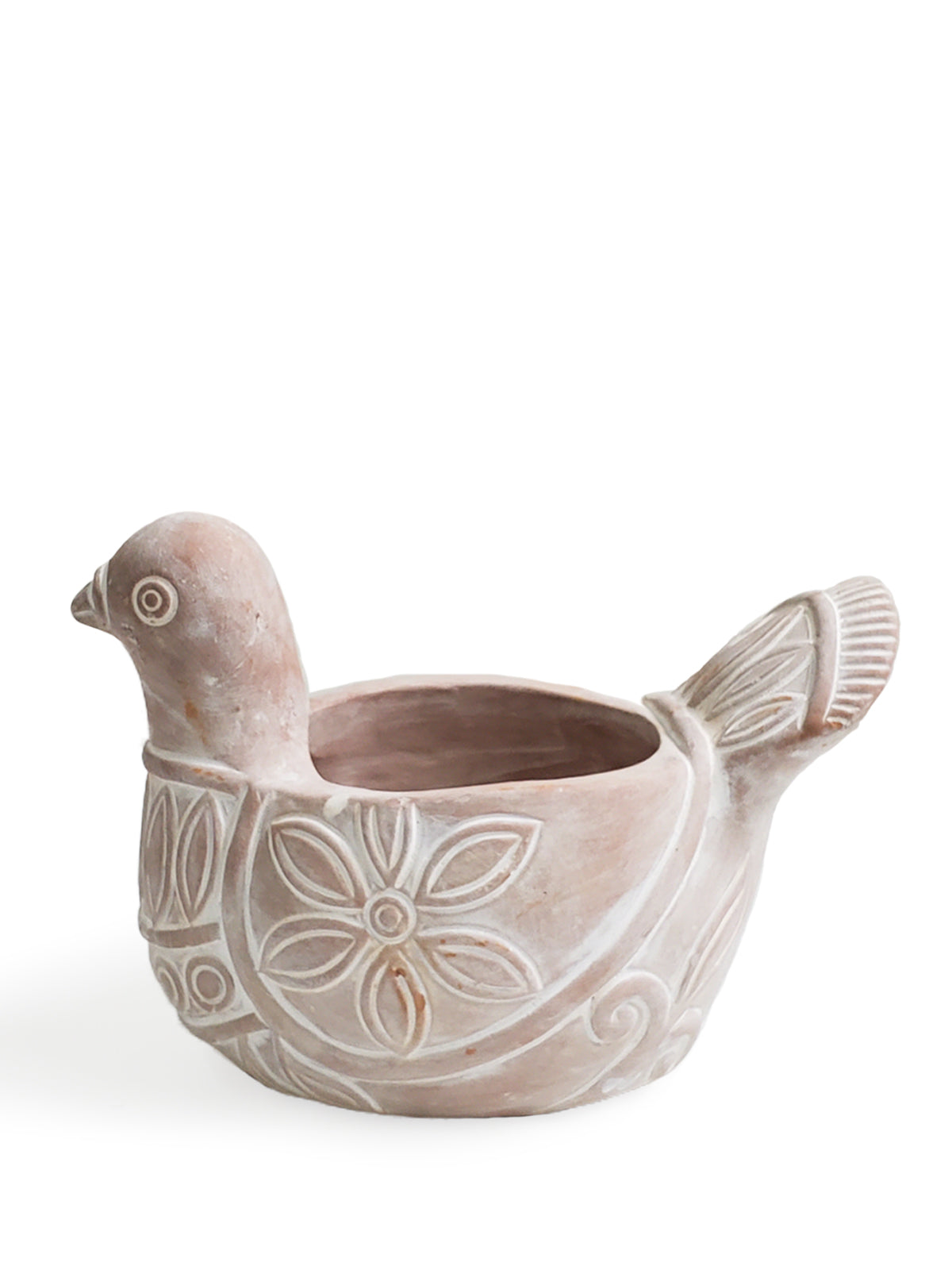 Terracotta pot shaped like a spotted dove, perfect for planting flowers or greenery, showcasing unique craftsmanship.