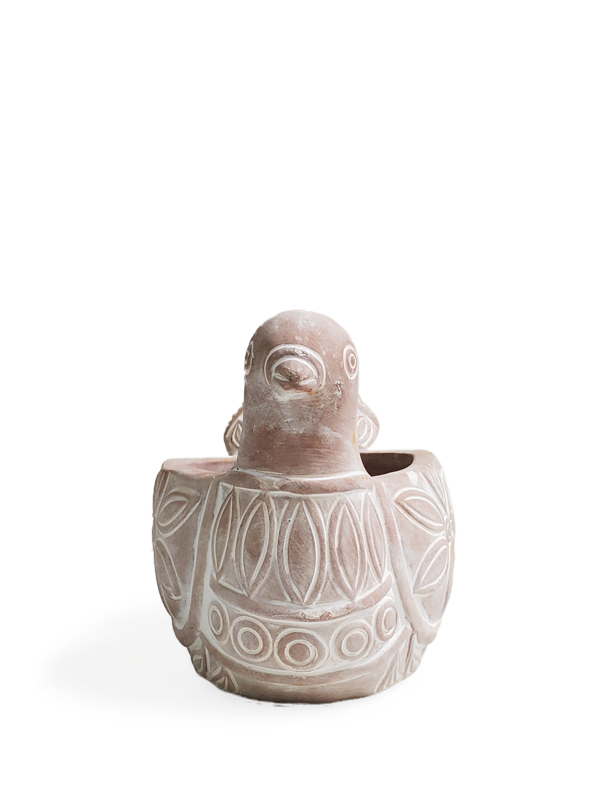 Terracotta pot shaped like a spotted dove, perfect for planting flowers or greenery, showcasing unique craftsmanship.