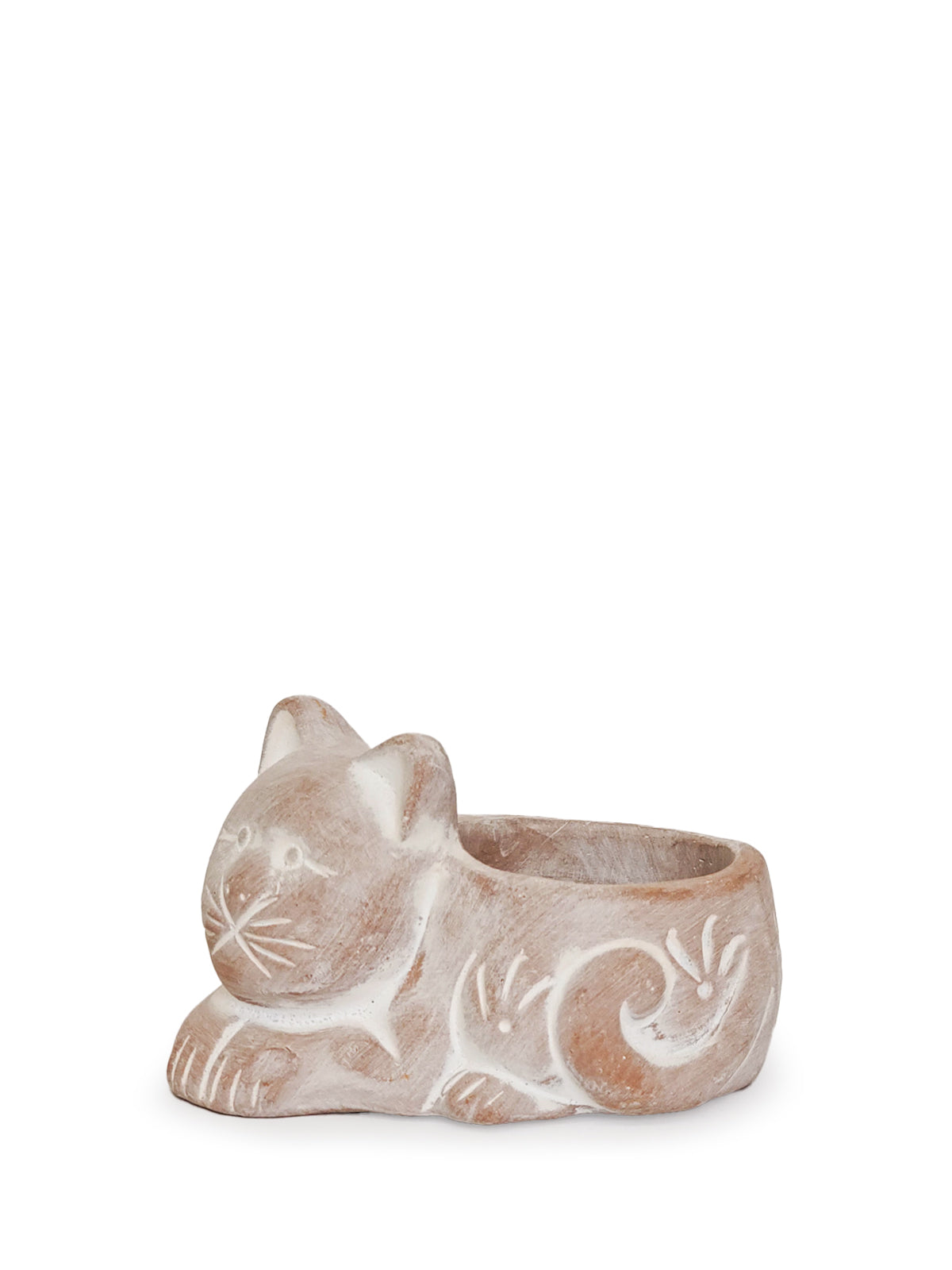 Handmade terracotta tea light candle holder shaped like a cat, showcasing natural color and unique design.