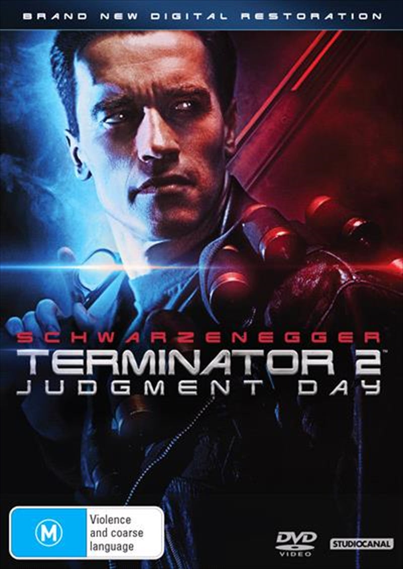 Cover of Terminator 2: Judgment Day DVD featuring Arnold Schwarzenegger as the Terminator, showcasing action-packed visuals.