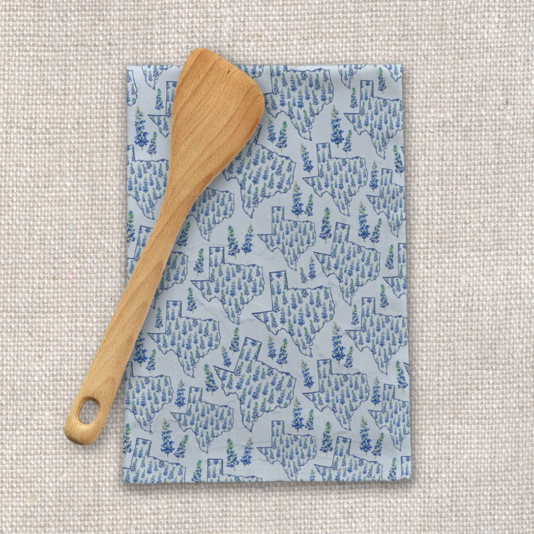 Texas Blue Bonnet Tea Towel featuring a vibrant bluebonnet design on cotton twill fabric, perfect for kitchen decor.