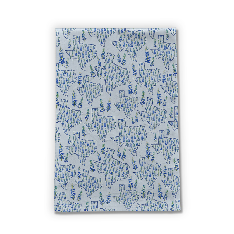 Texas Blue Bonnet Tea Towel featuring a vibrant bluebonnet design on cotton twill fabric, perfect for kitchen decor.