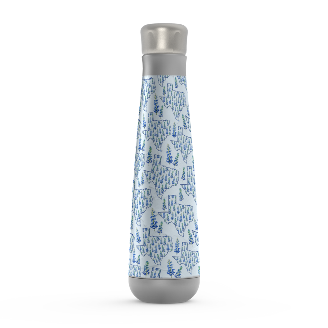 Texas Blue Bonnet Water Bottle featuring a vibrant floral design, made of stainless steel with a screw-on lid.