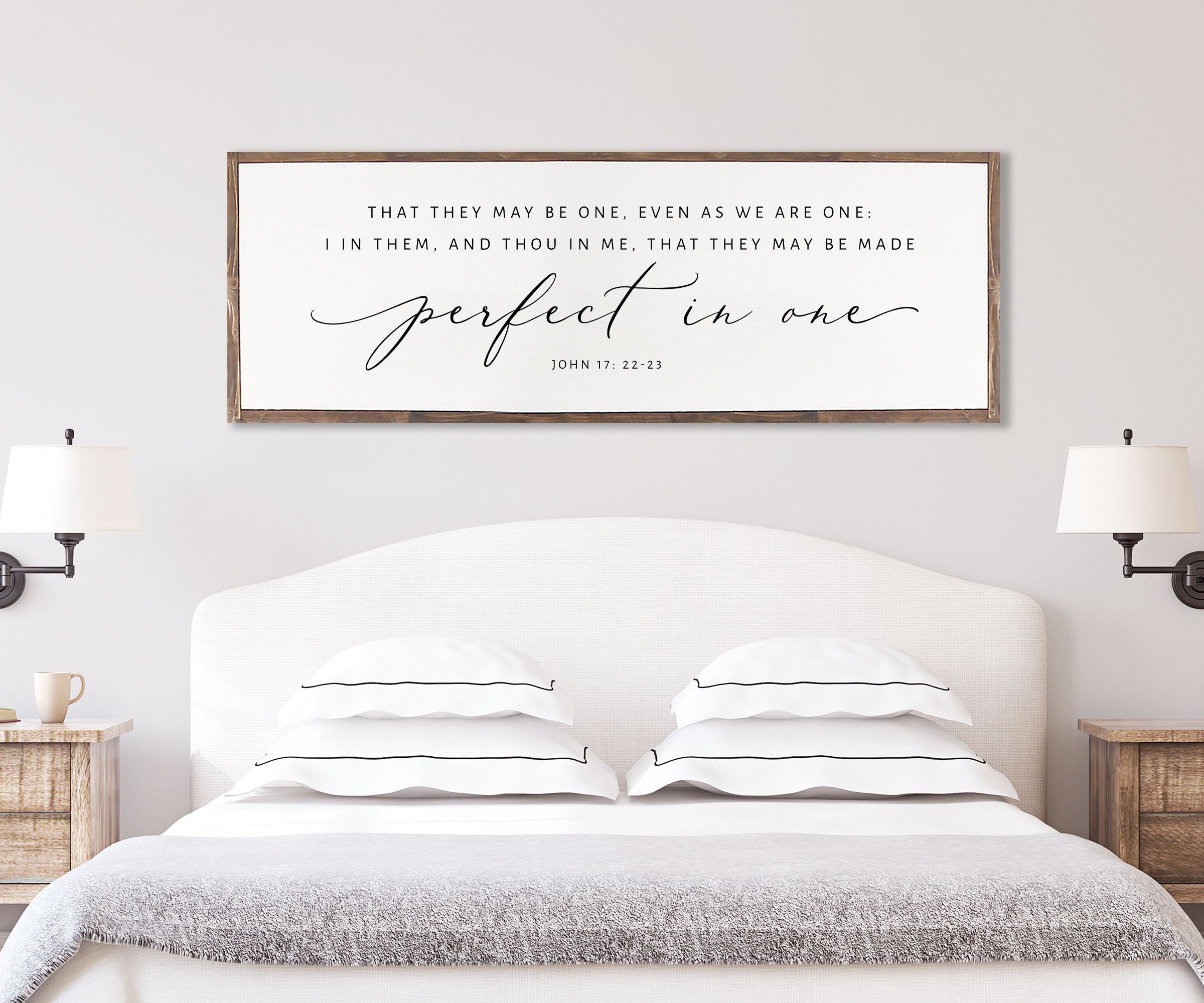 Handmade farmhouse wood sign featuring John 17:22-23 scripture, showcasing natural wood grain and customizable frame options.