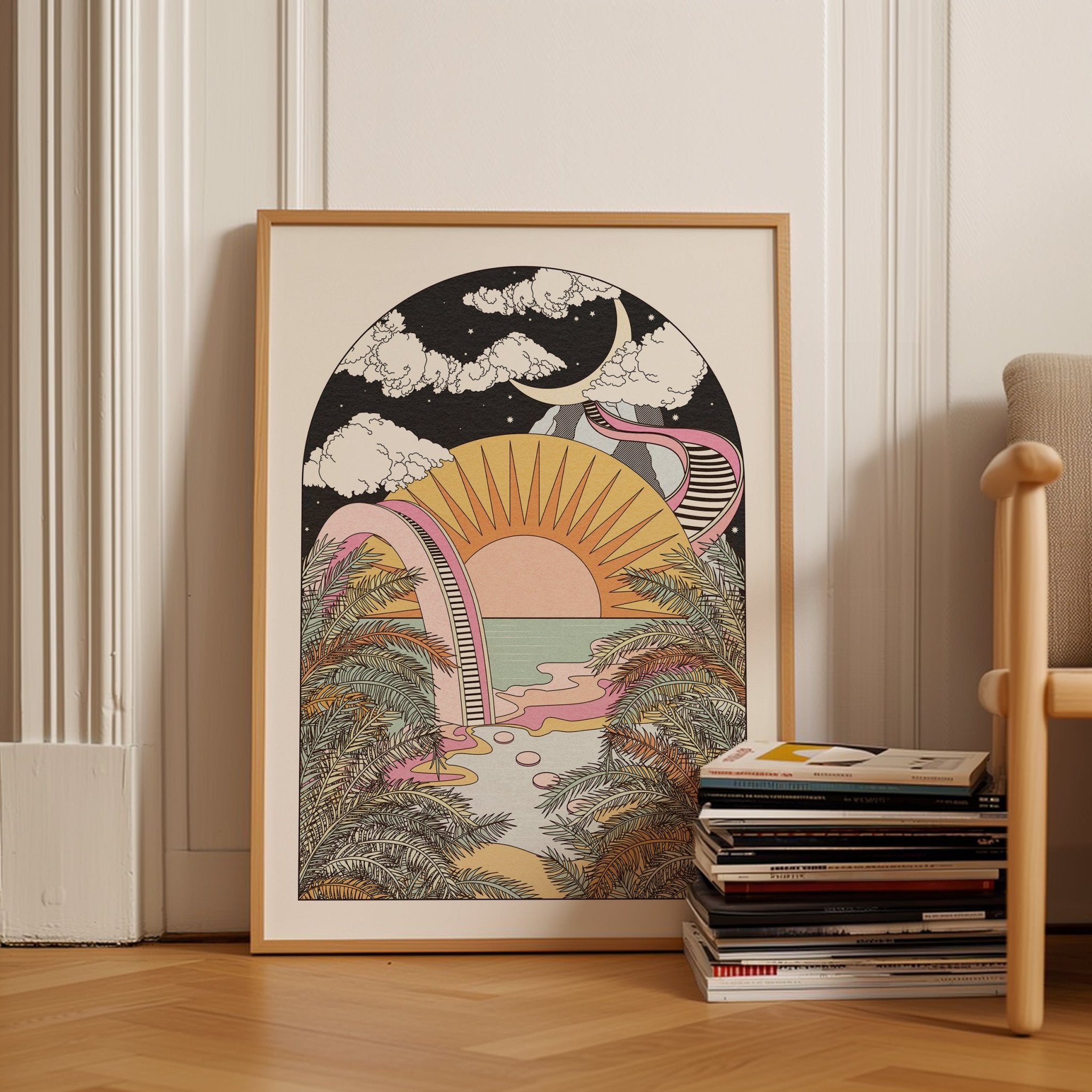 The Best View art print featuring a vibrant illustrated ocean paradise with a bridge and steps to the Moon.