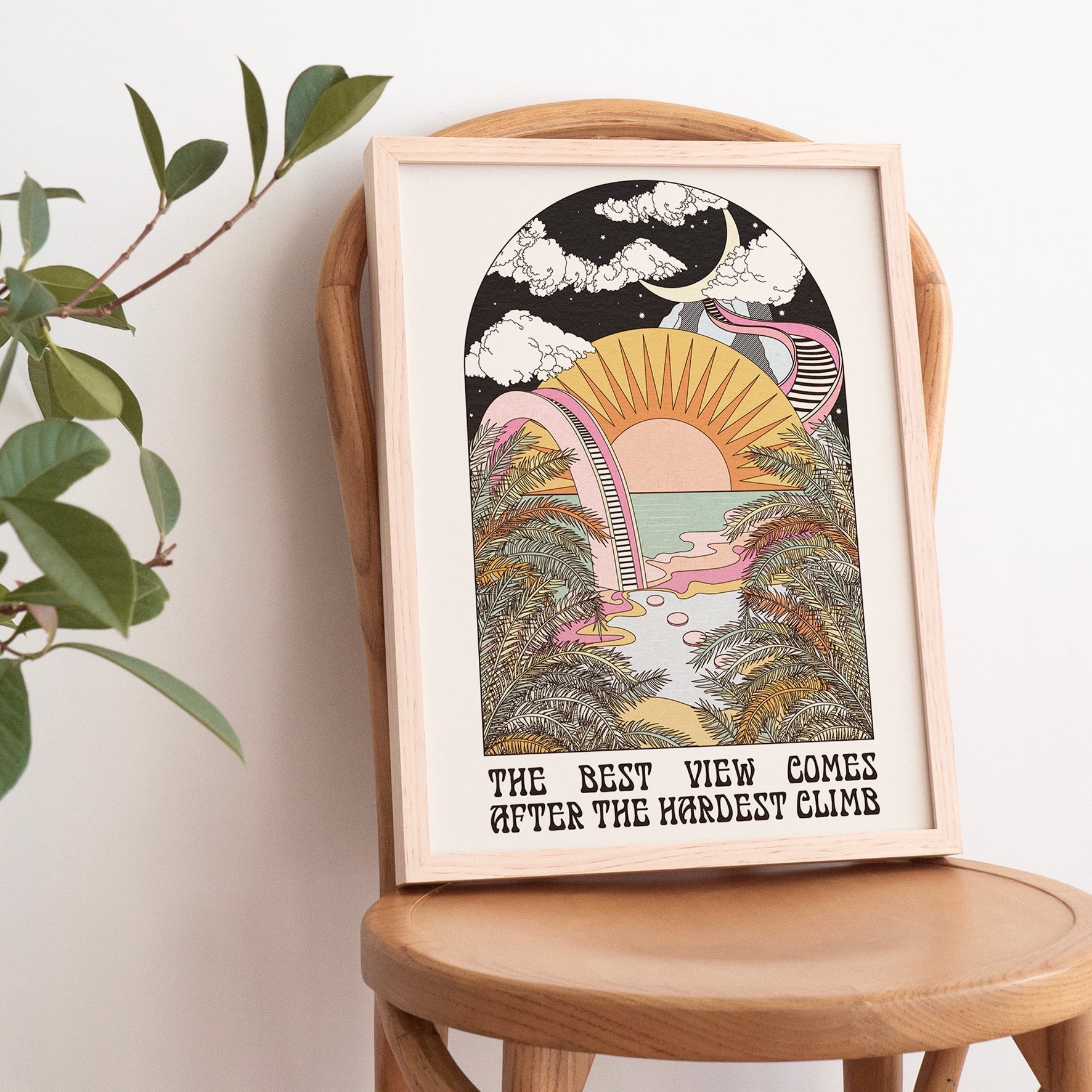 The Best View art print featuring a vibrant illustrated ocean paradise with a bridge and steps to the Moon.