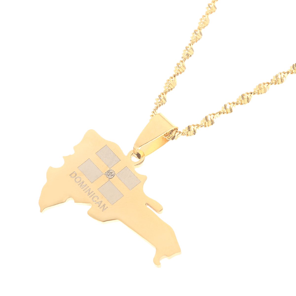 Gold color Dominican Republic map pendant necklace for women, showcasing a stylish design and high-quality stainless steel material.