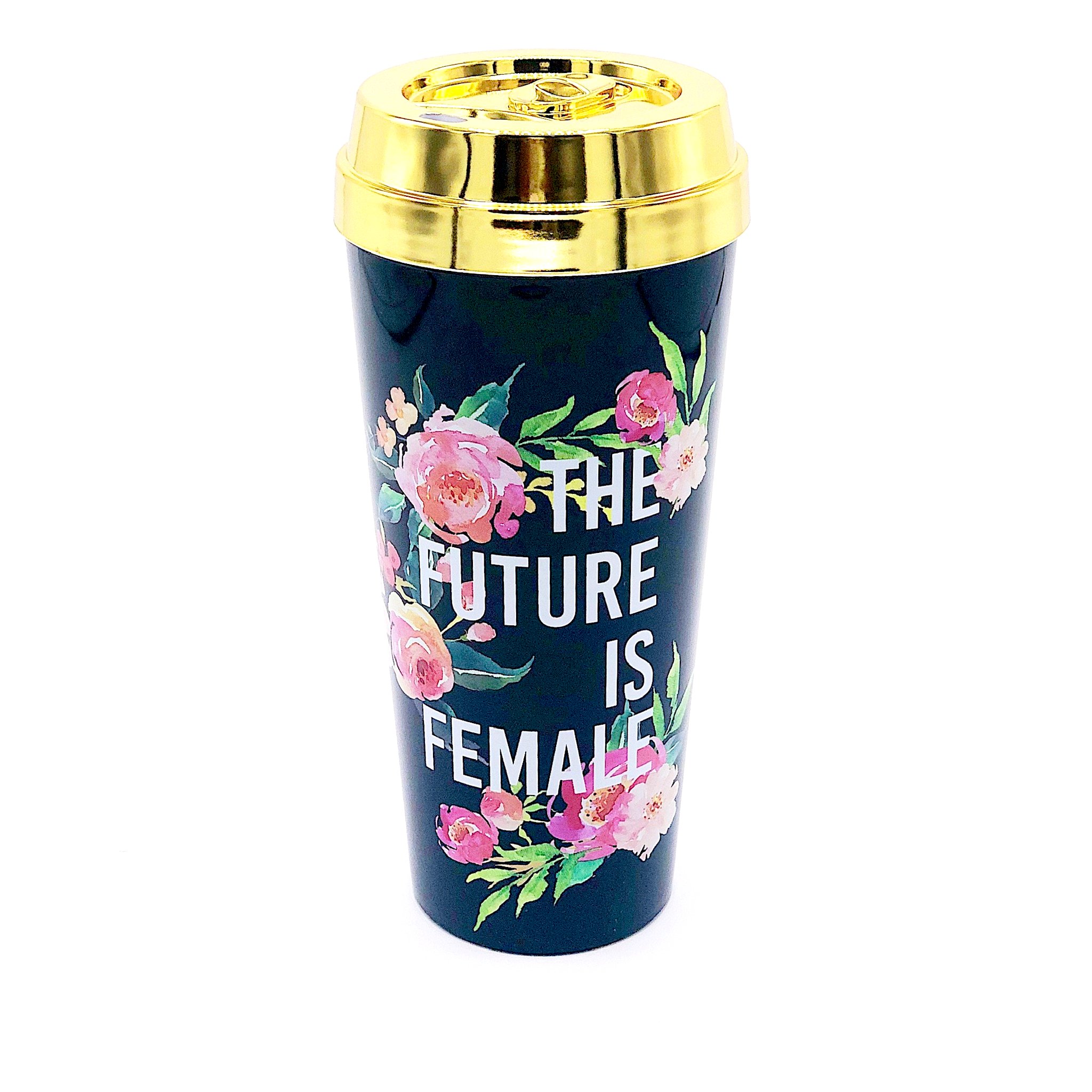 The Future Is Female Travel Mug with a metallic gold lid, showcasing its stylish design and feminist message.