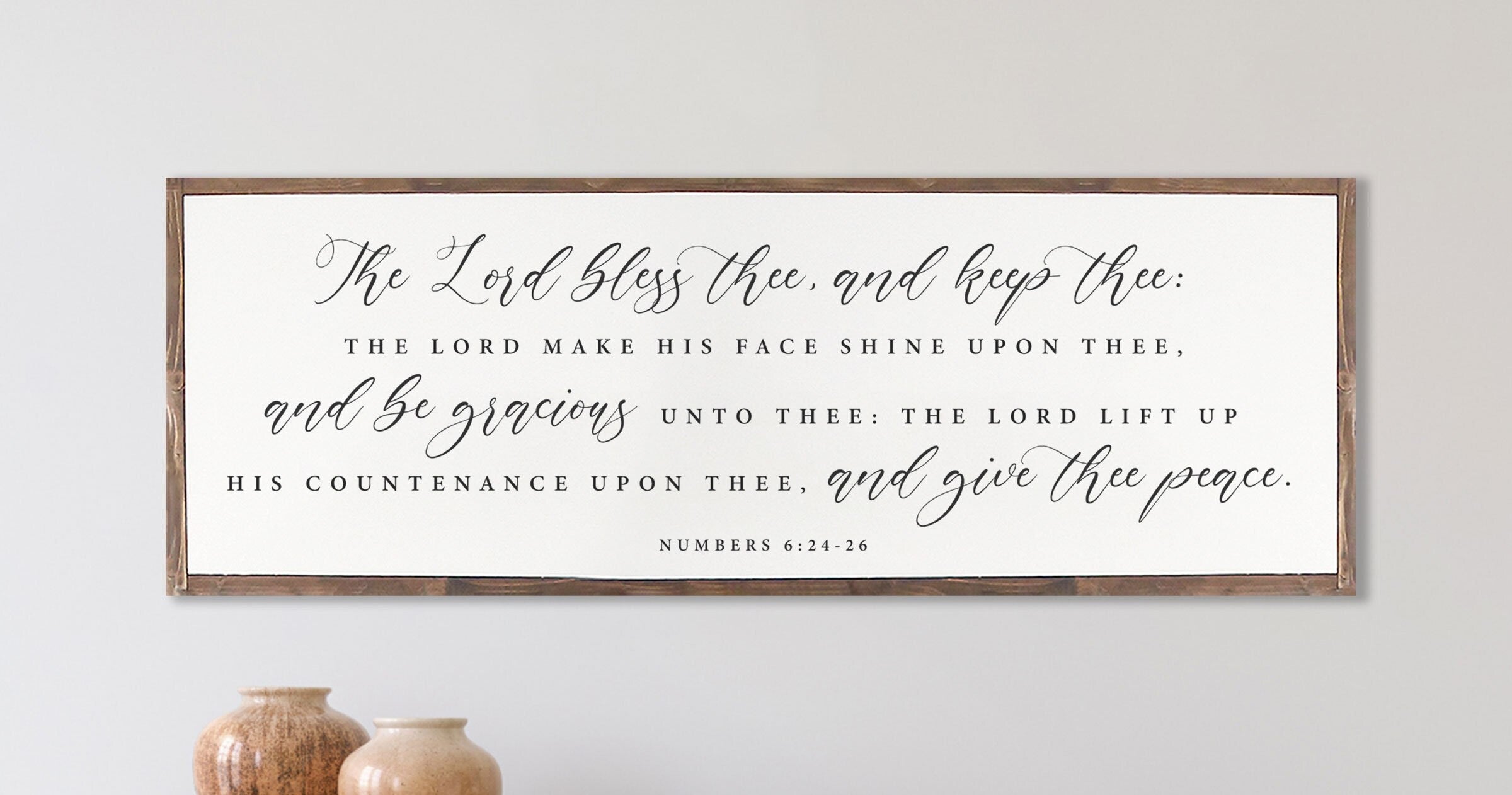 Handmade rustic wood sign featuring the scripture 'The Lord Bless Thee and Keep Thee' from Numbers 26:24-26, framed and customizable.