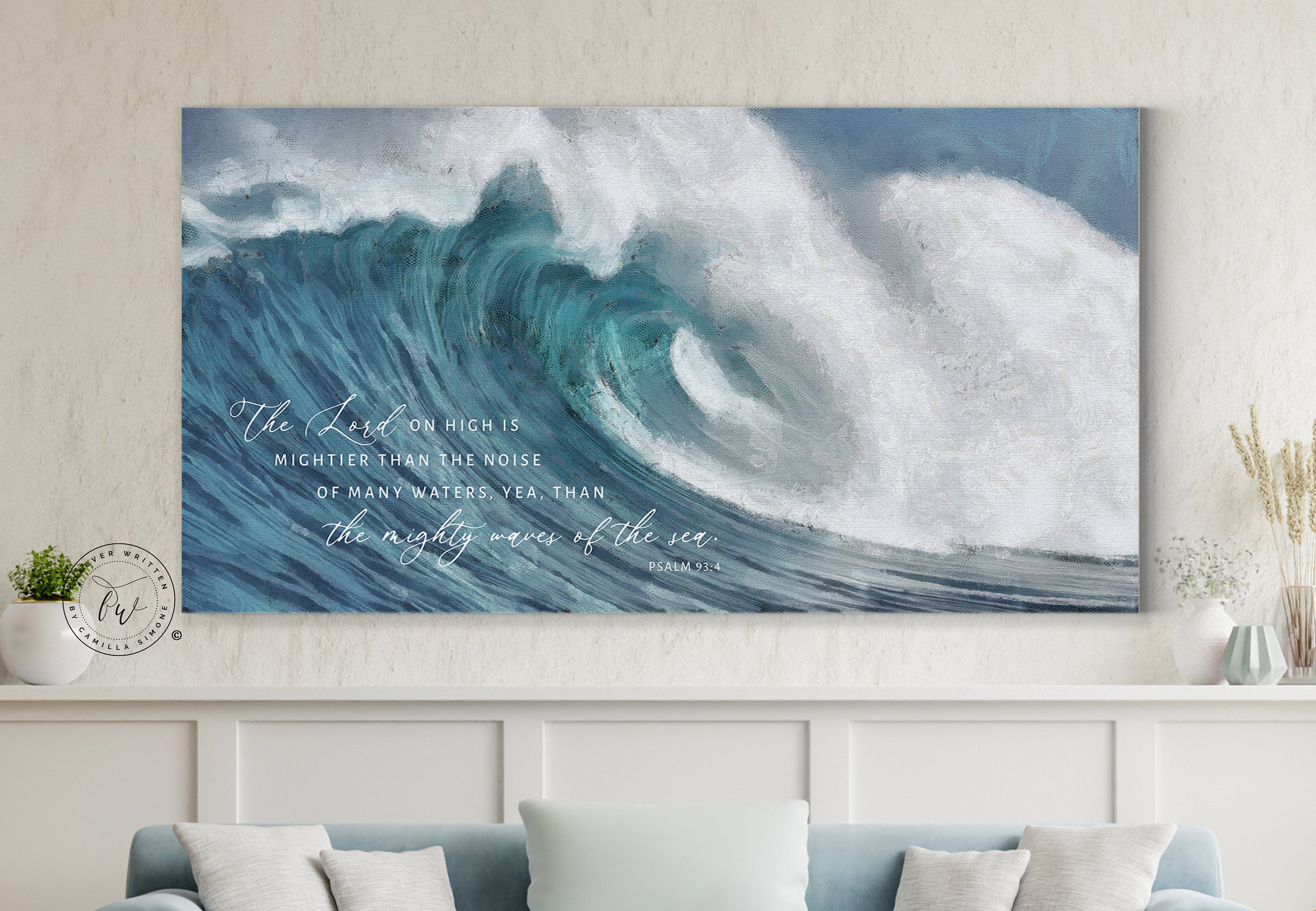 Canvas wall art featuring the quote 'The Lord on high is mightier' with a serene coastal beach design.