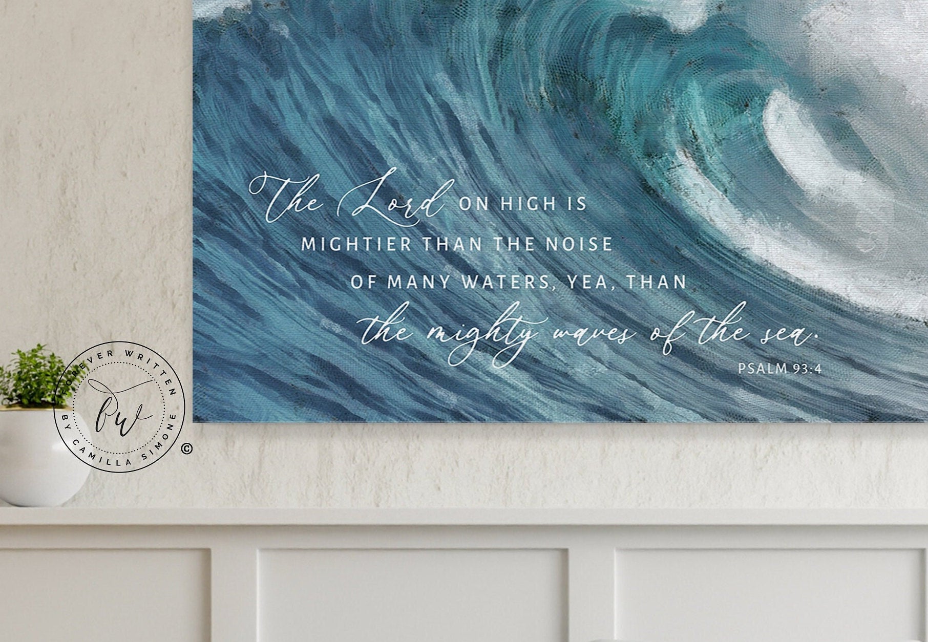 Canvas wall art featuring the quote 'The Lord on high is mightier' with a serene coastal beach design.