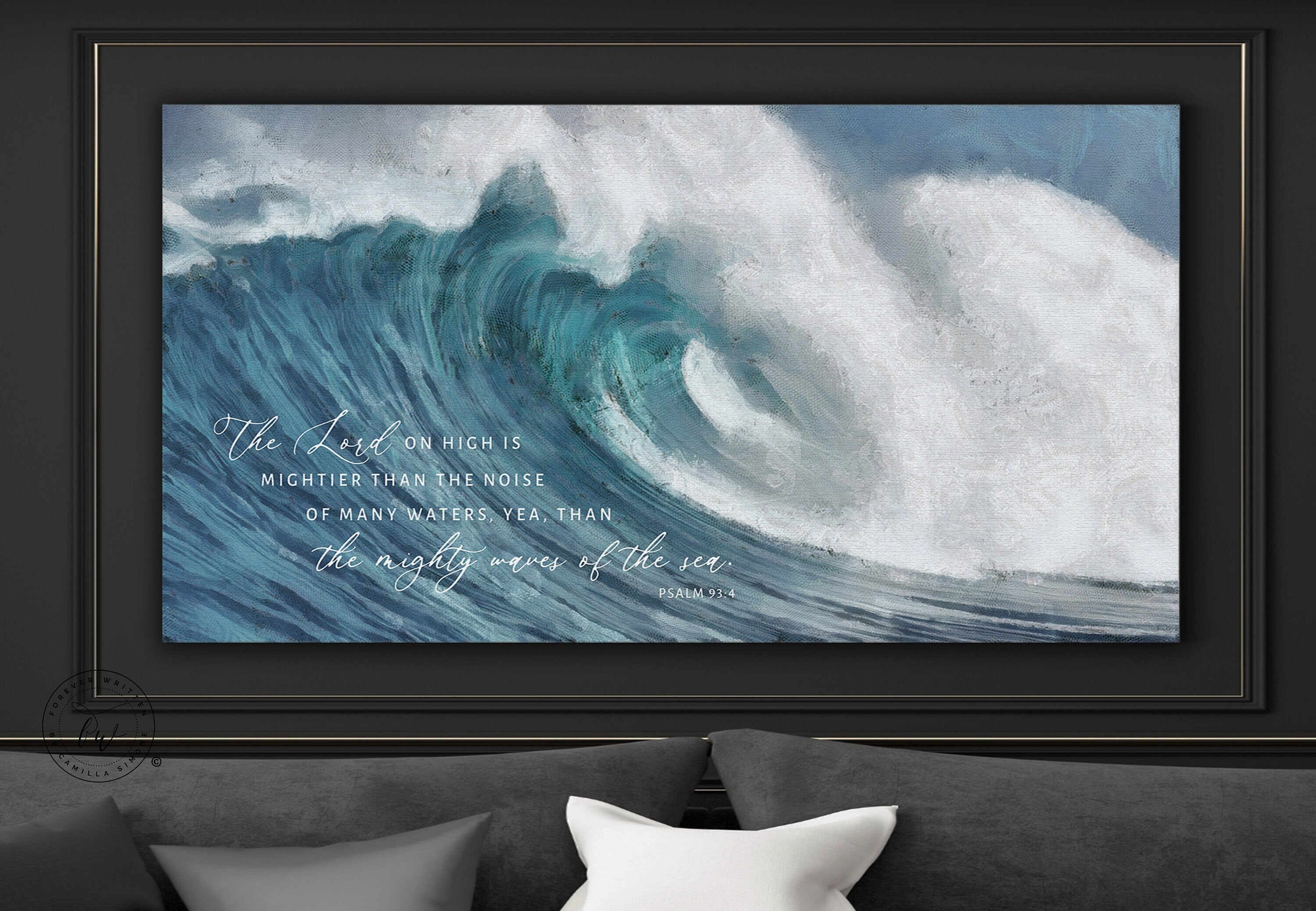 Canvas wall art featuring the quote 'The Lord on high is mightier' with a serene coastal beach design.