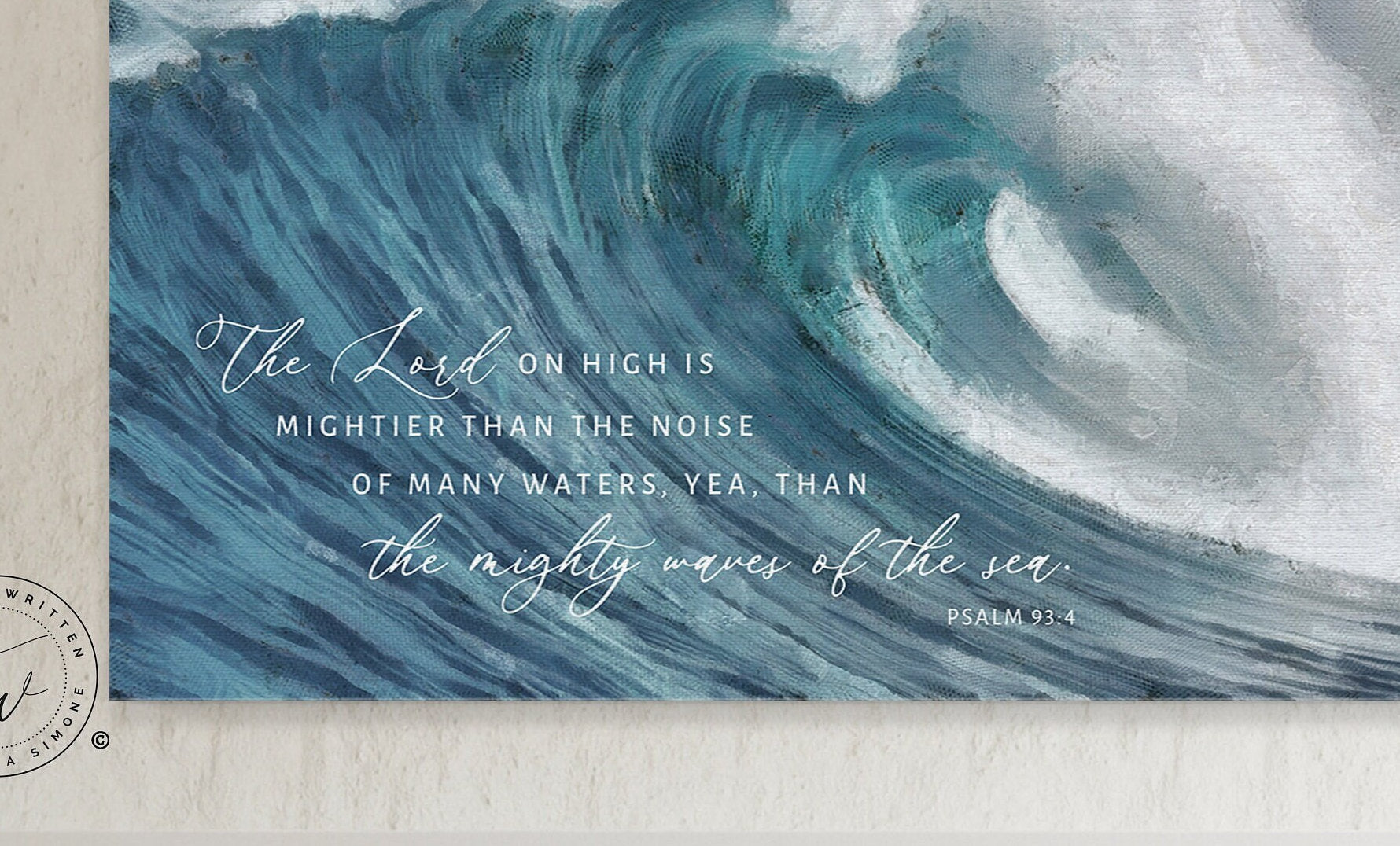 Canvas wall art featuring the quote 'The Lord on high is mightier' with a serene coastal beach design.