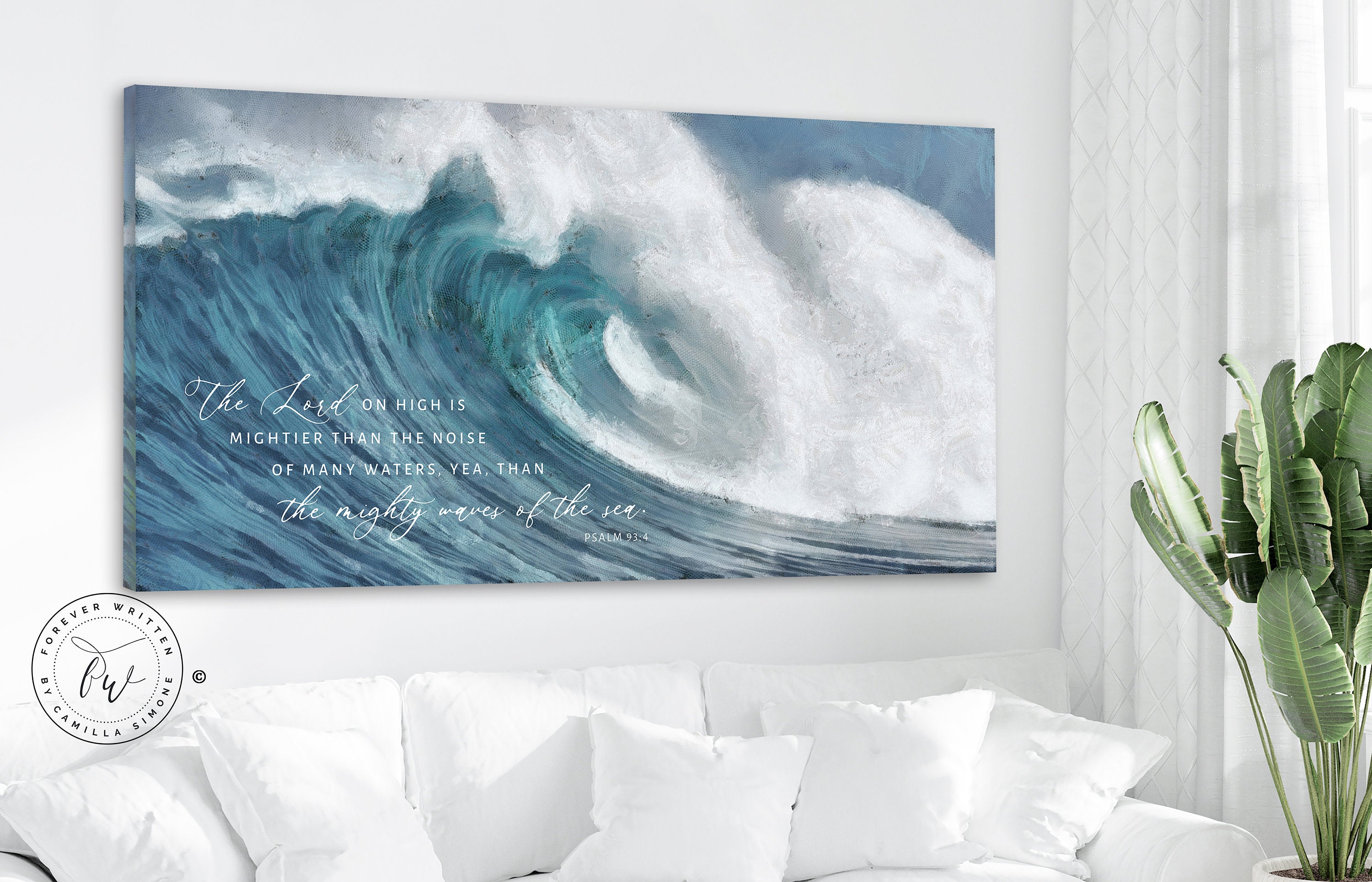 Canvas wall art featuring the quote 'The Lord on high is mightier' with a serene coastal beach design.