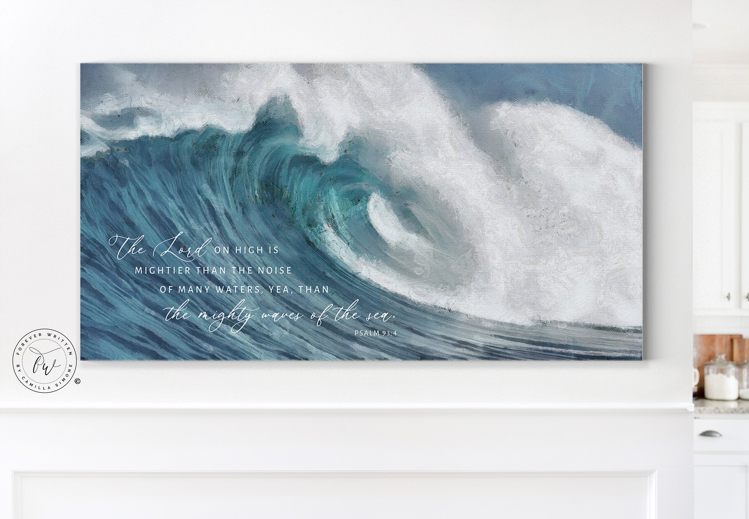 Canvas wall art featuring the quote 'The Lord on high is mightier' with a serene coastal beach design.