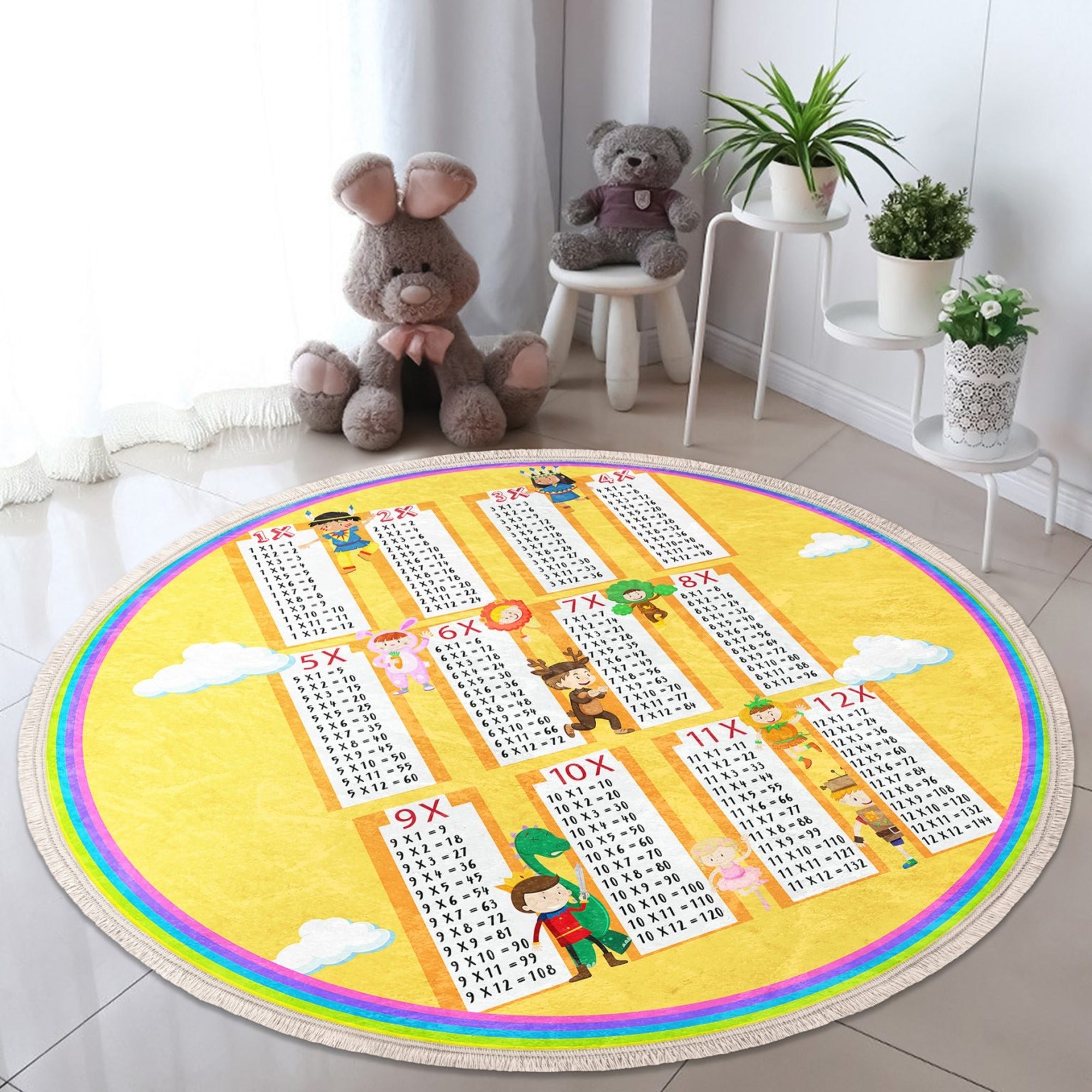 A colorful round area rug featuring a multiplication table design, made of shiny velvet fabric, suitable for kids' rooms.