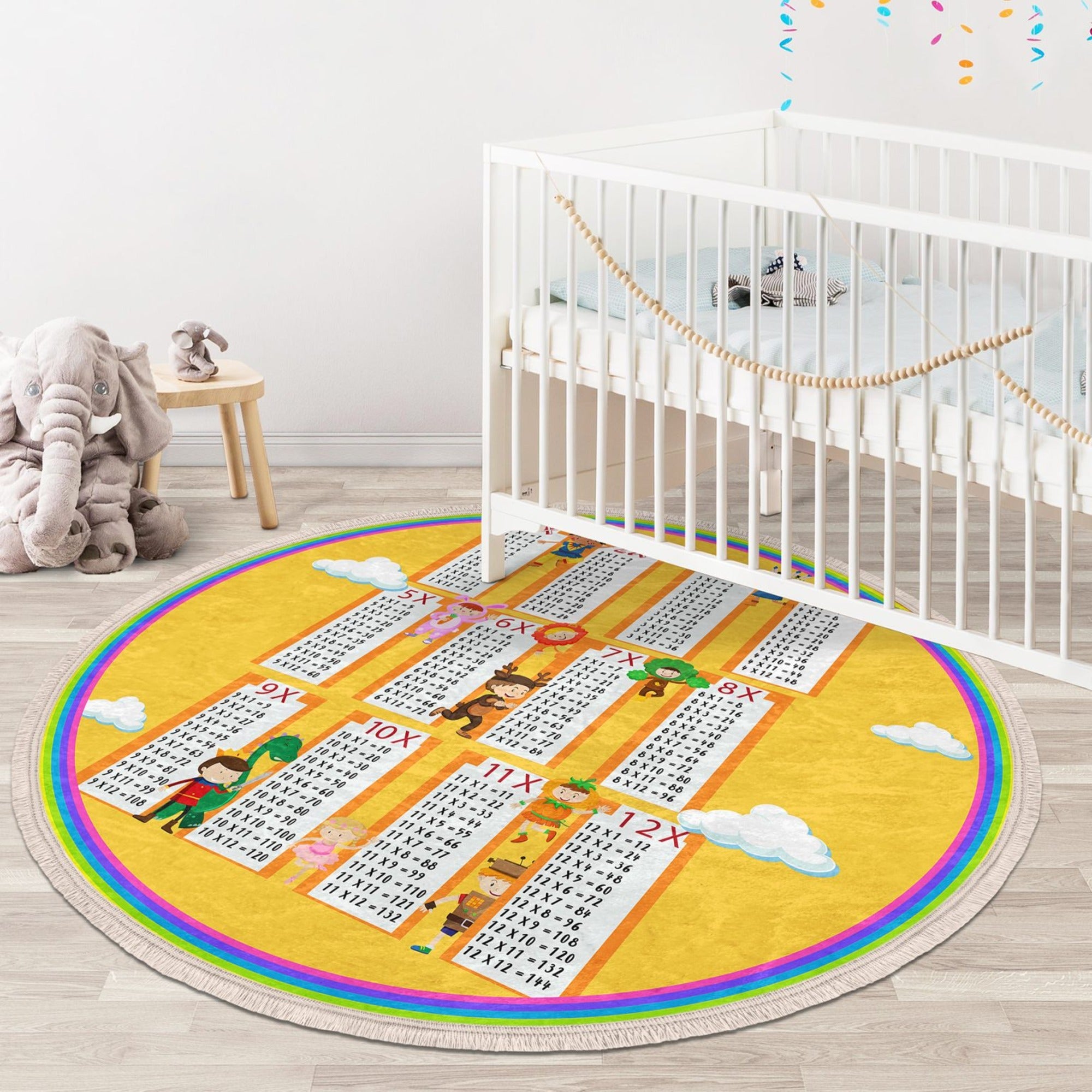 A colorful round area rug featuring a multiplication table design, made of shiny velvet fabric, suitable for kids' rooms.