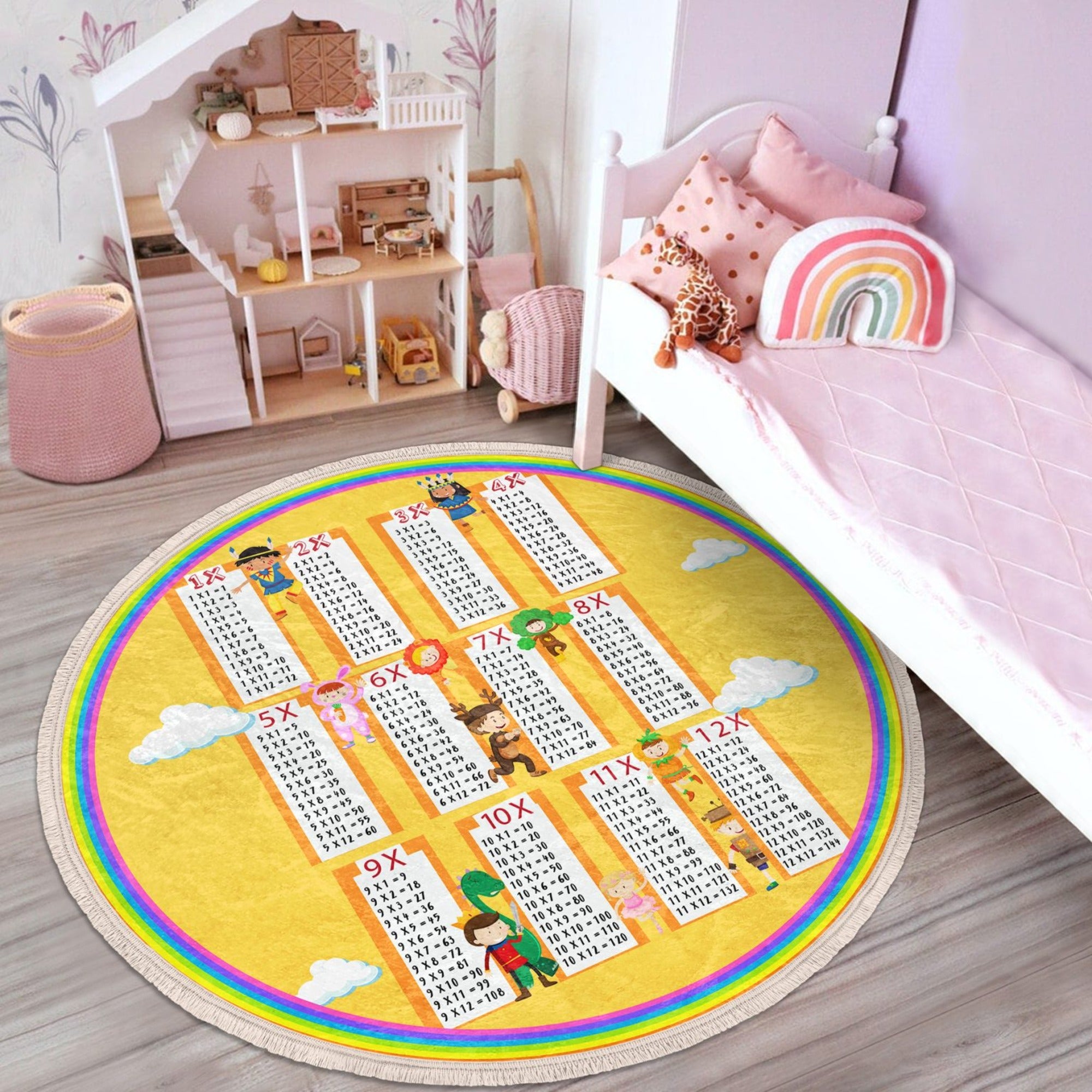 A colorful round area rug featuring a multiplication table design, made of shiny velvet fabric, suitable for kids' rooms.