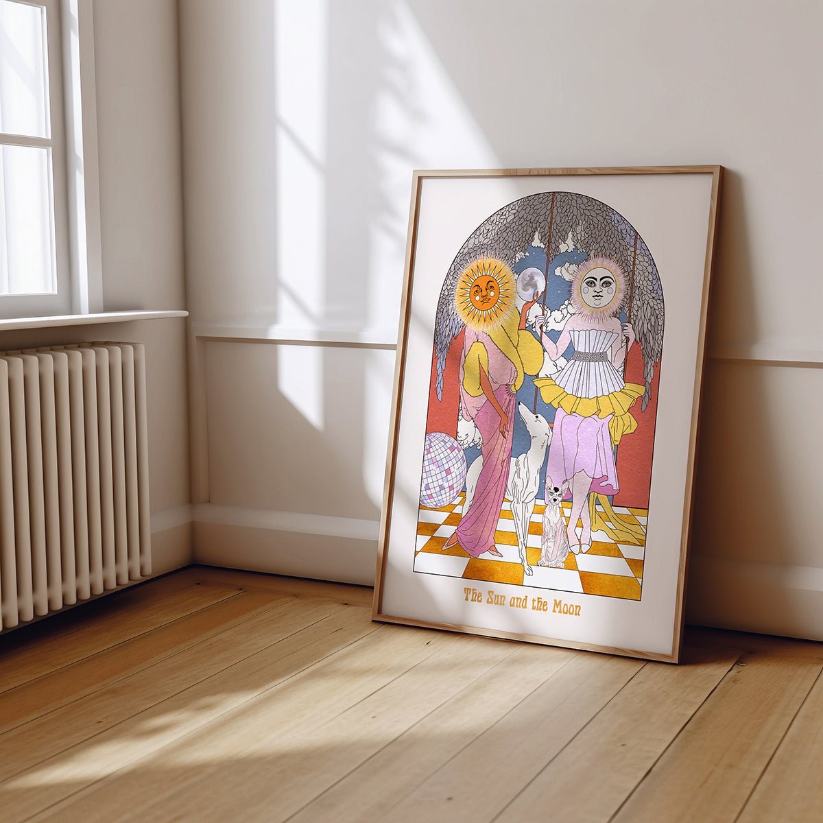 The Sun and the Moon Art Print featuring celestial ladies, their pets, and a disco ball, inspired by tarot card designs.