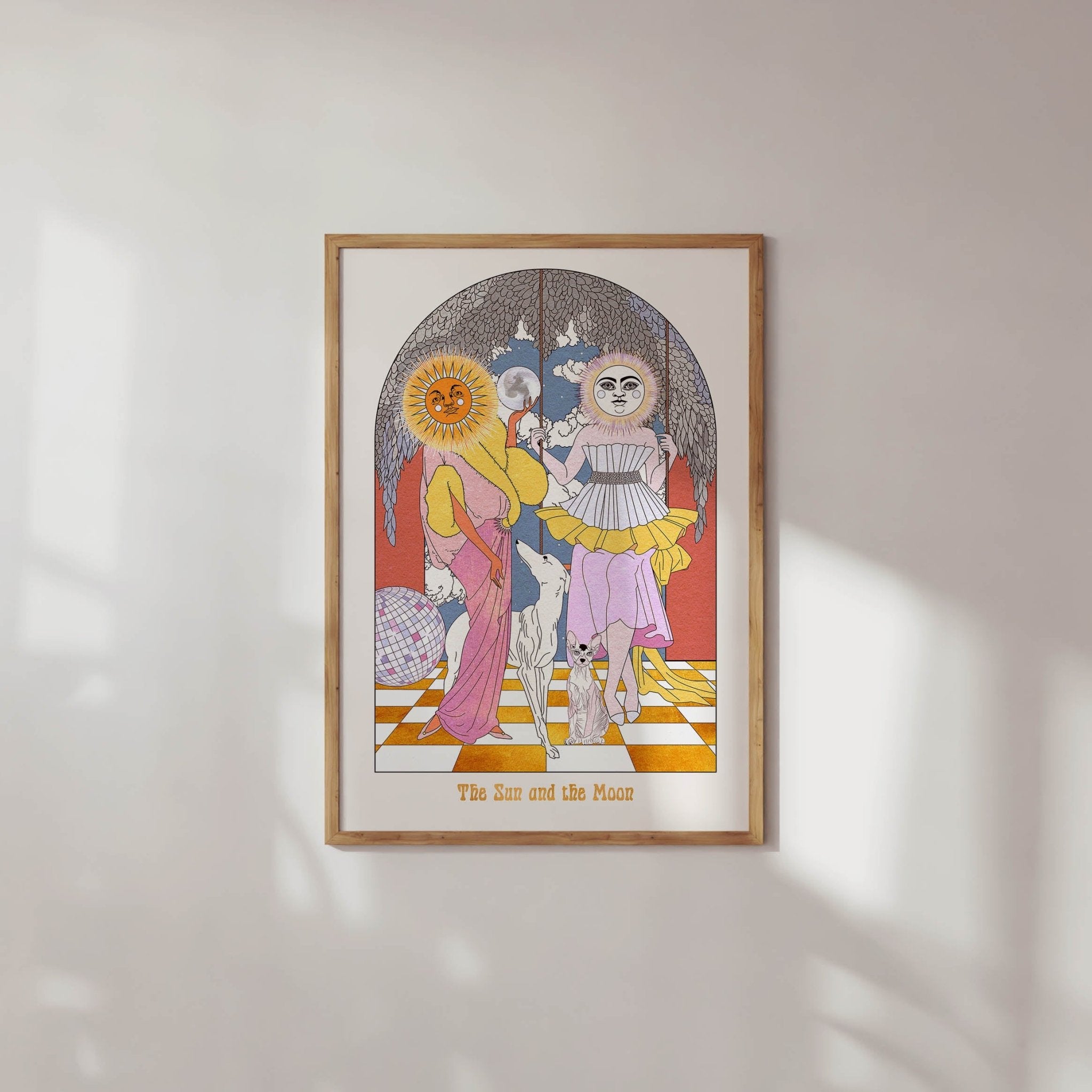 The Sun and the Moon Art Print featuring celestial ladies, their pets, and a disco ball, inspired by tarot card designs.