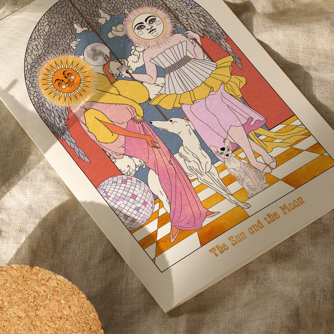 The Sun and the Moon Art Print featuring celestial ladies, their pets, and a disco ball, inspired by tarot card designs.