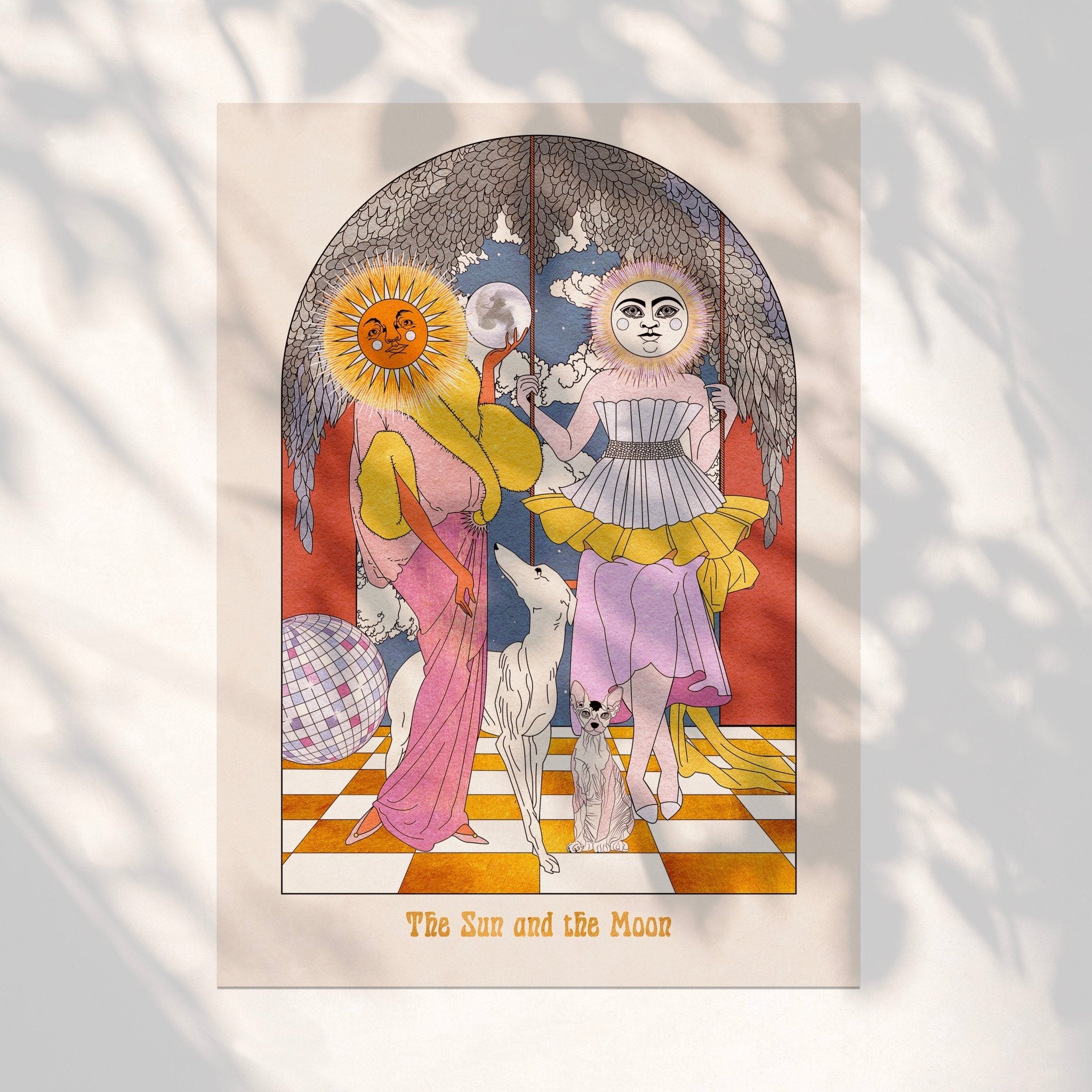 The Sun and the Moon Art Print featuring celestial ladies, their pets, and a disco ball, inspired by tarot card designs.