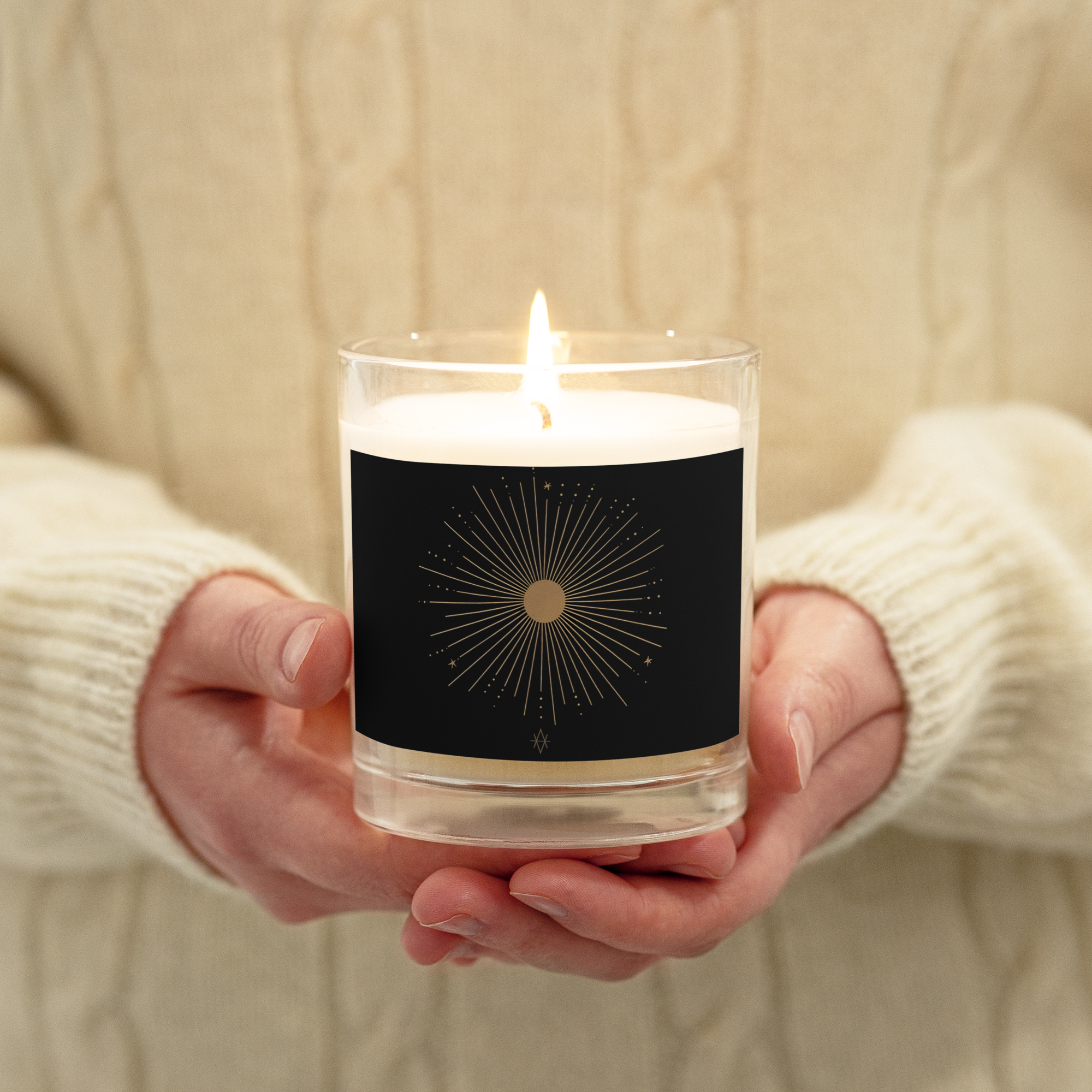 A beautifully crafted glass jar soy wax candle named 'The Sun', designed to provide warmth and comfort during winter.