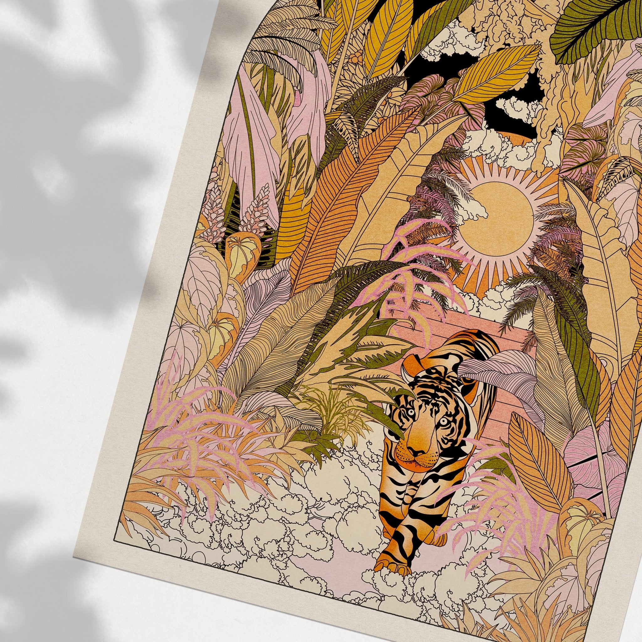 A vibrant art print featuring a prowling tiger and sun motif against a lush jungle backdrop, showcasing boho retro charm.