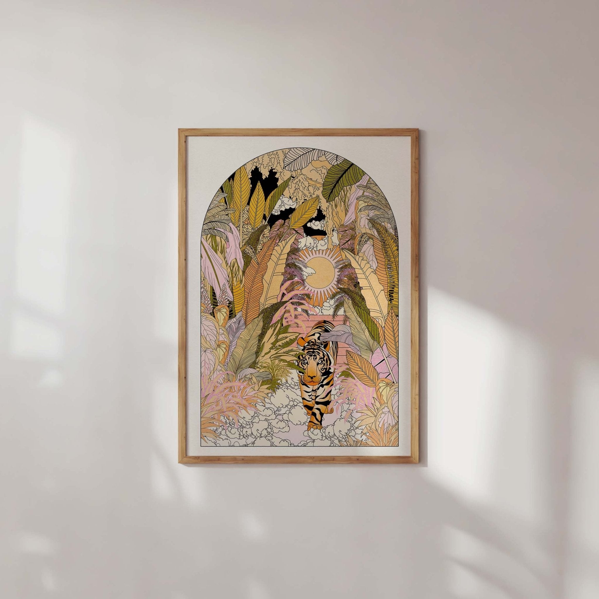 A vibrant art print featuring a prowling tiger and sun motif against a lush jungle backdrop, showcasing boho retro charm.