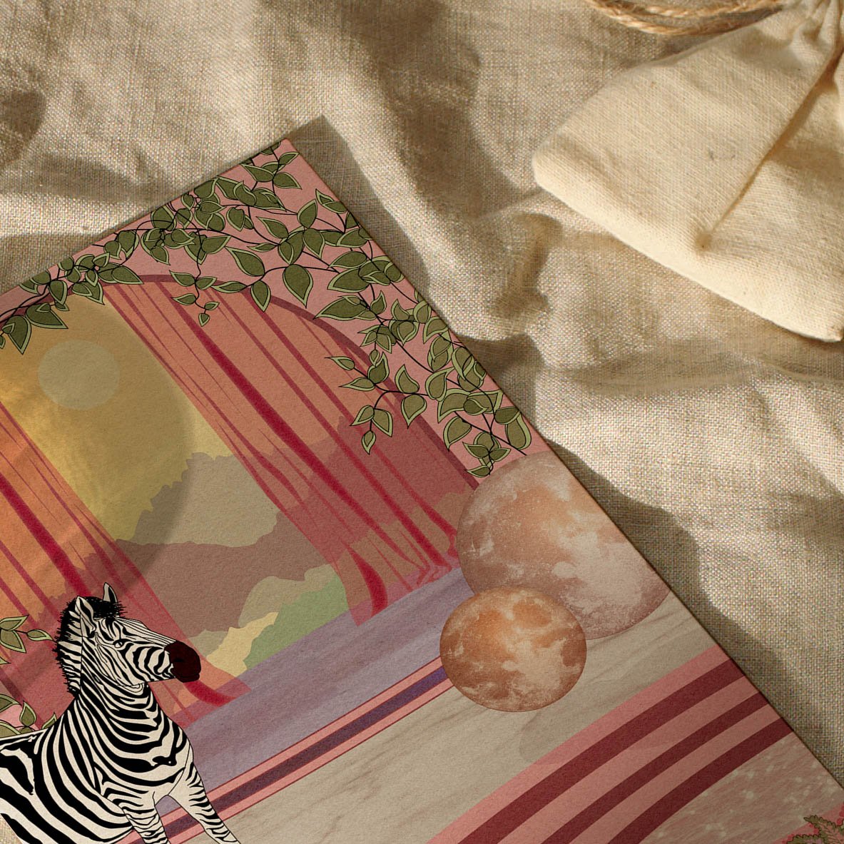 A beautiful zebra art print featuring moons and botanicals, perfect for home decor.