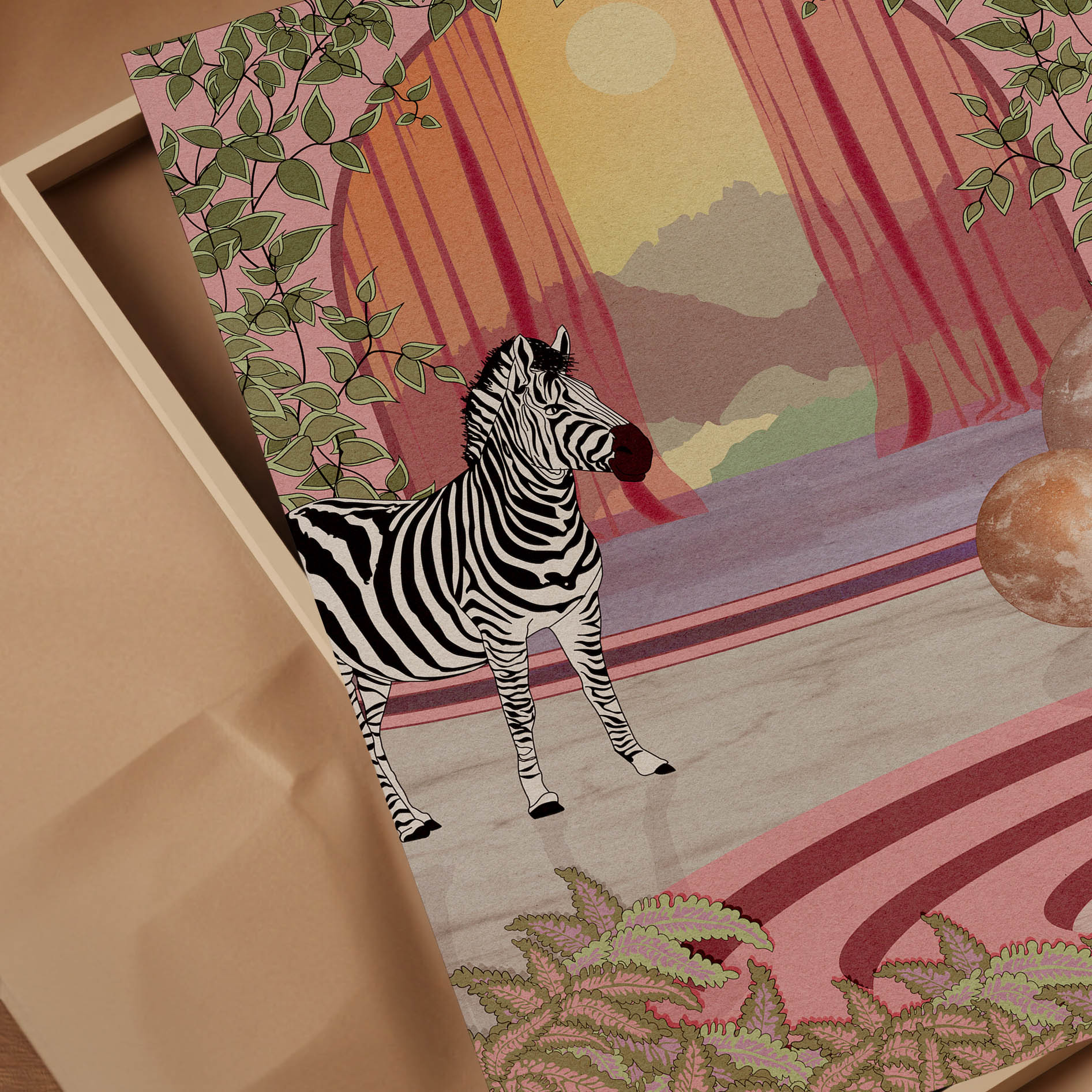 A beautiful zebra art print featuring moons and botanicals, perfect for home decor.