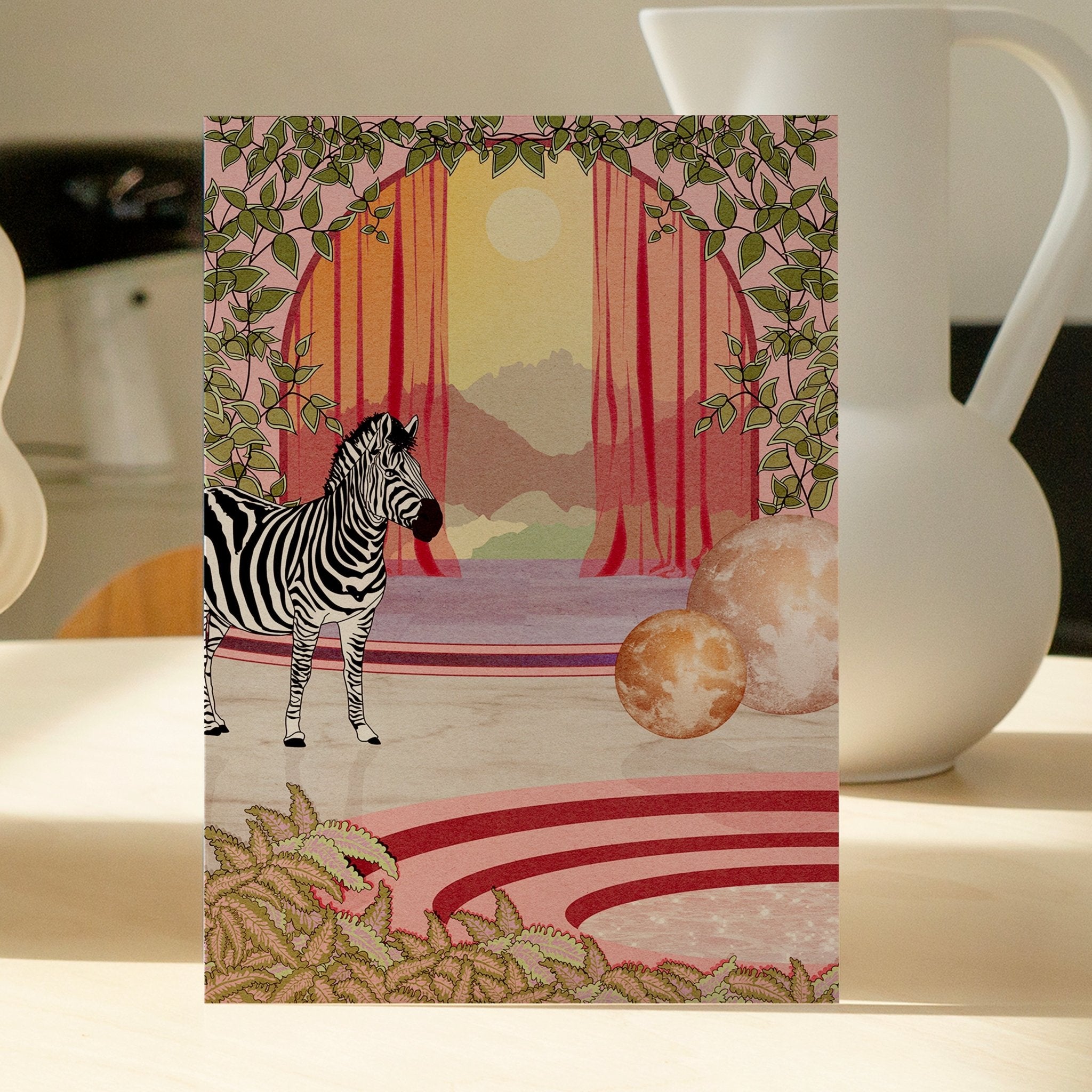 A beautiful zebra art print featuring moons and botanicals, perfect for home decor.