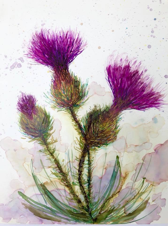 A vibrant painting of three thistles, showcasing intricate details and soothing colors, created with alcohol inks.