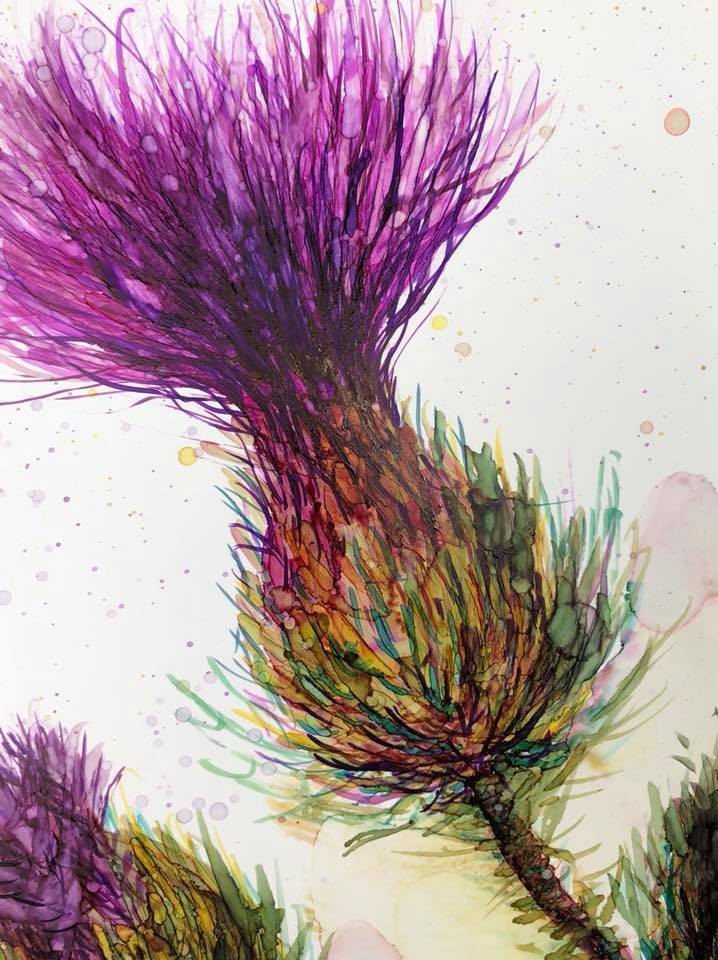 A vibrant painting of three thistles, showcasing intricate details and soothing colors, created with alcohol inks.