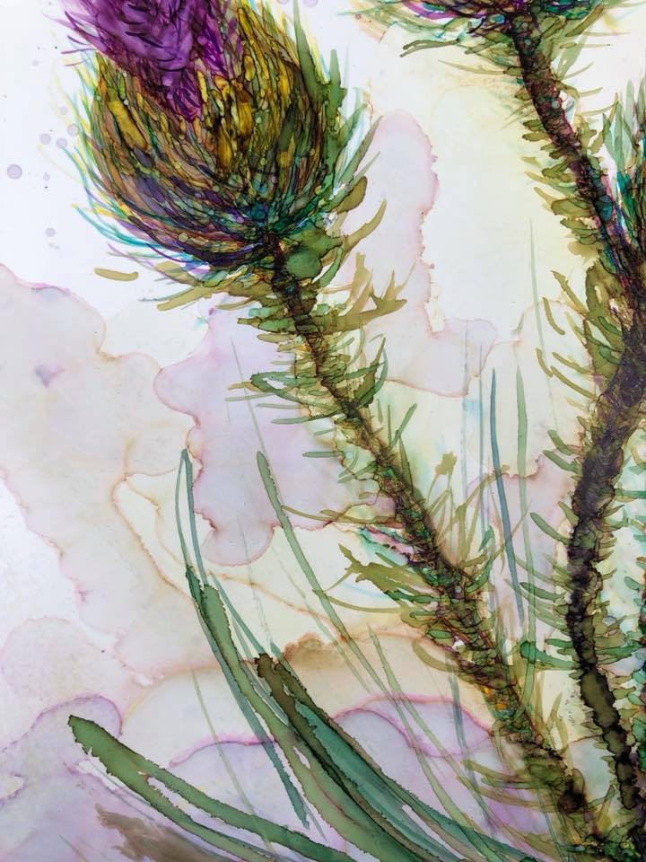 A vibrant painting of three thistles, showcasing intricate details and soothing colors, created with alcohol inks.