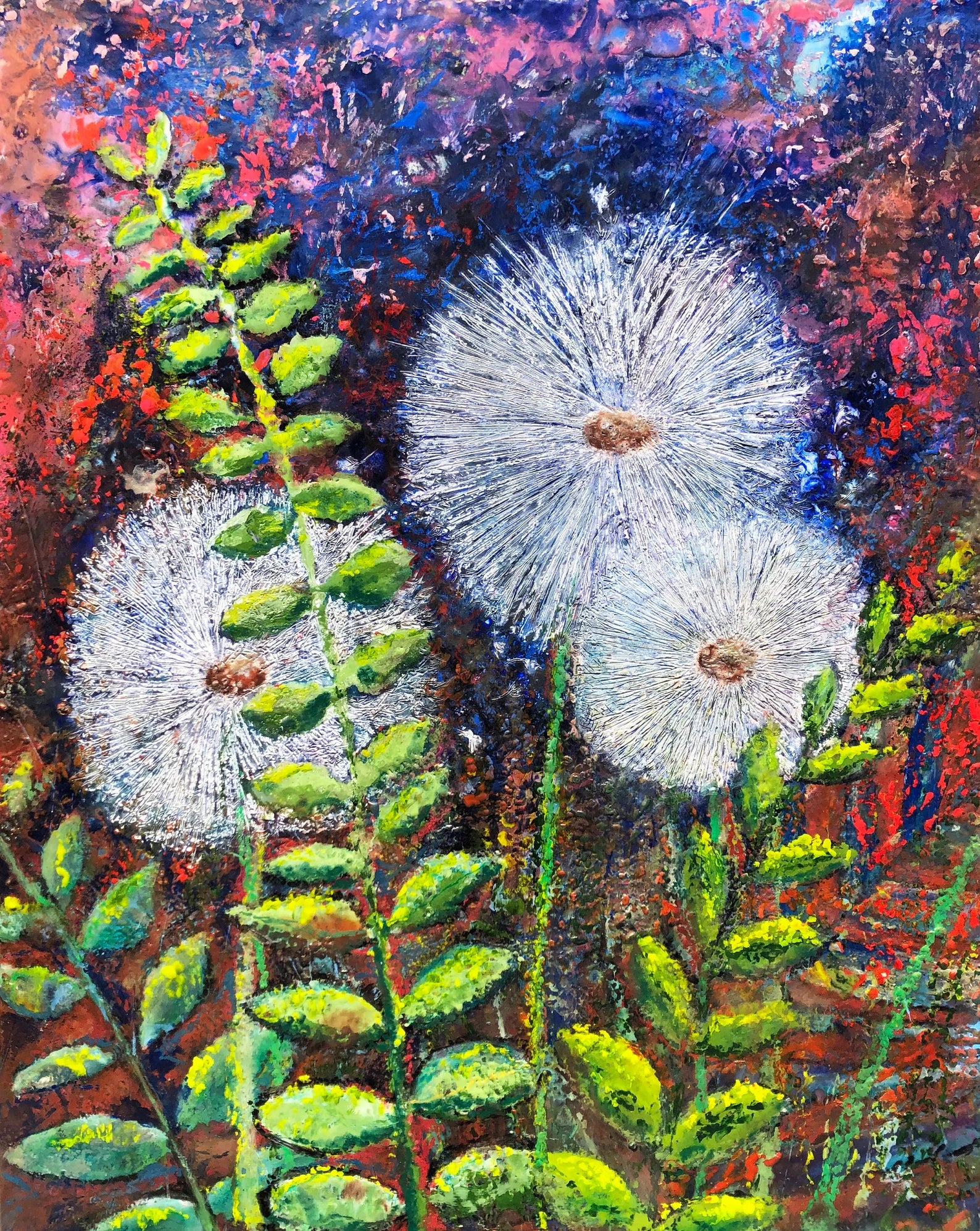 Glossy print of the encaustic dandelion painting titled 'Three Wishes', showcasing delicate dandelions in vibrant colors.