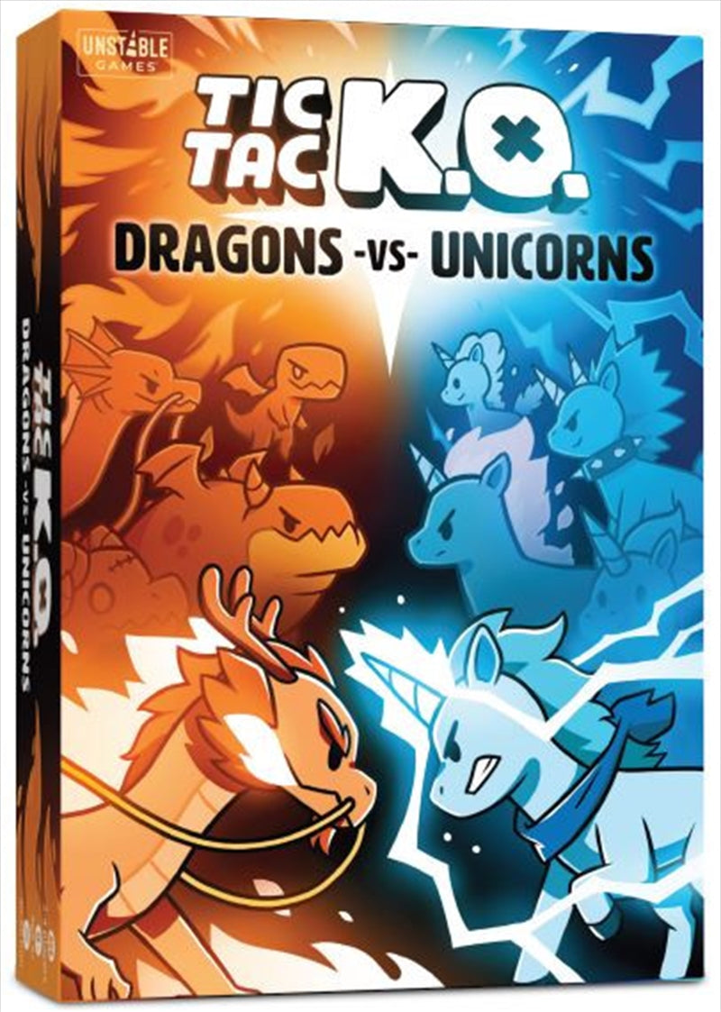 Tic Tac K.O Dragons Vs Unicorns card game featuring colorful cards and a dynamic game board for 2-4 players.