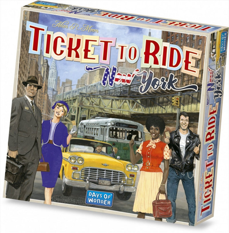 Ticket to Ride New York board game featuring taxis and Manhattan map.