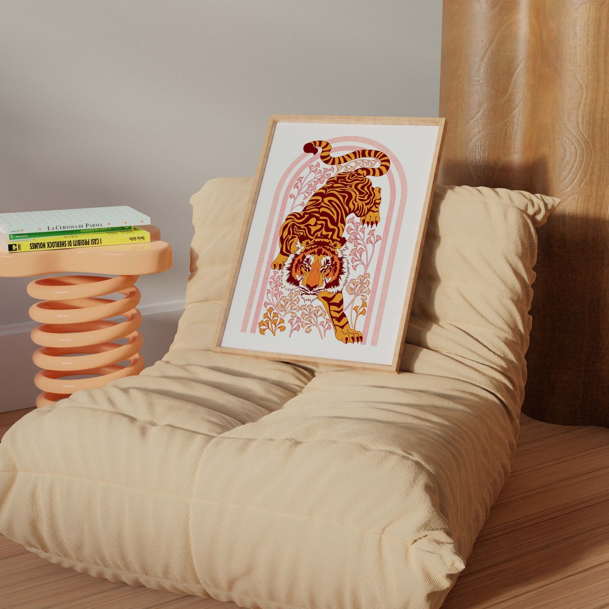 Tiger Tiger Art Print featuring a tiger illustration with botanical motifs in an orange arch shape.