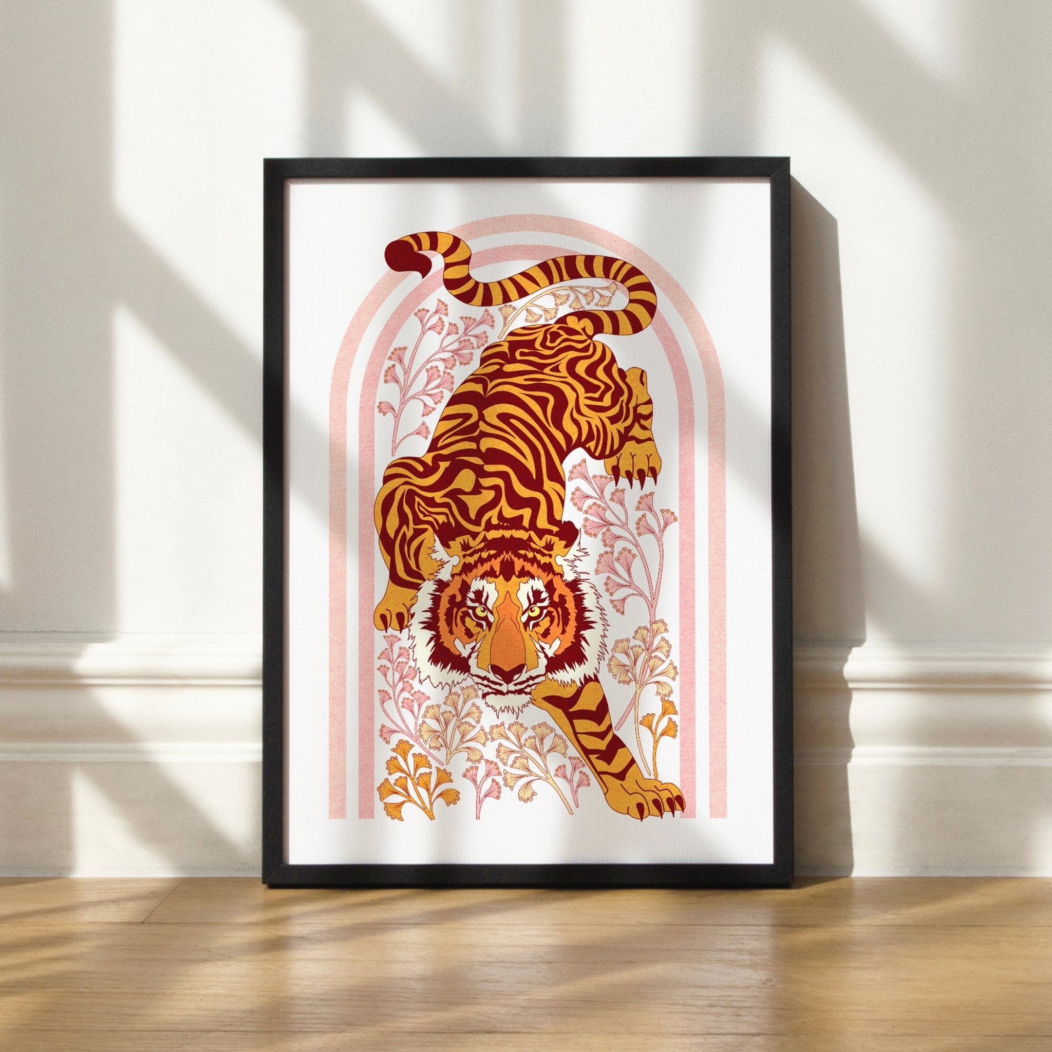 Tiger Tiger Art Print featuring a tiger illustration with botanical motifs in an orange arch shape.